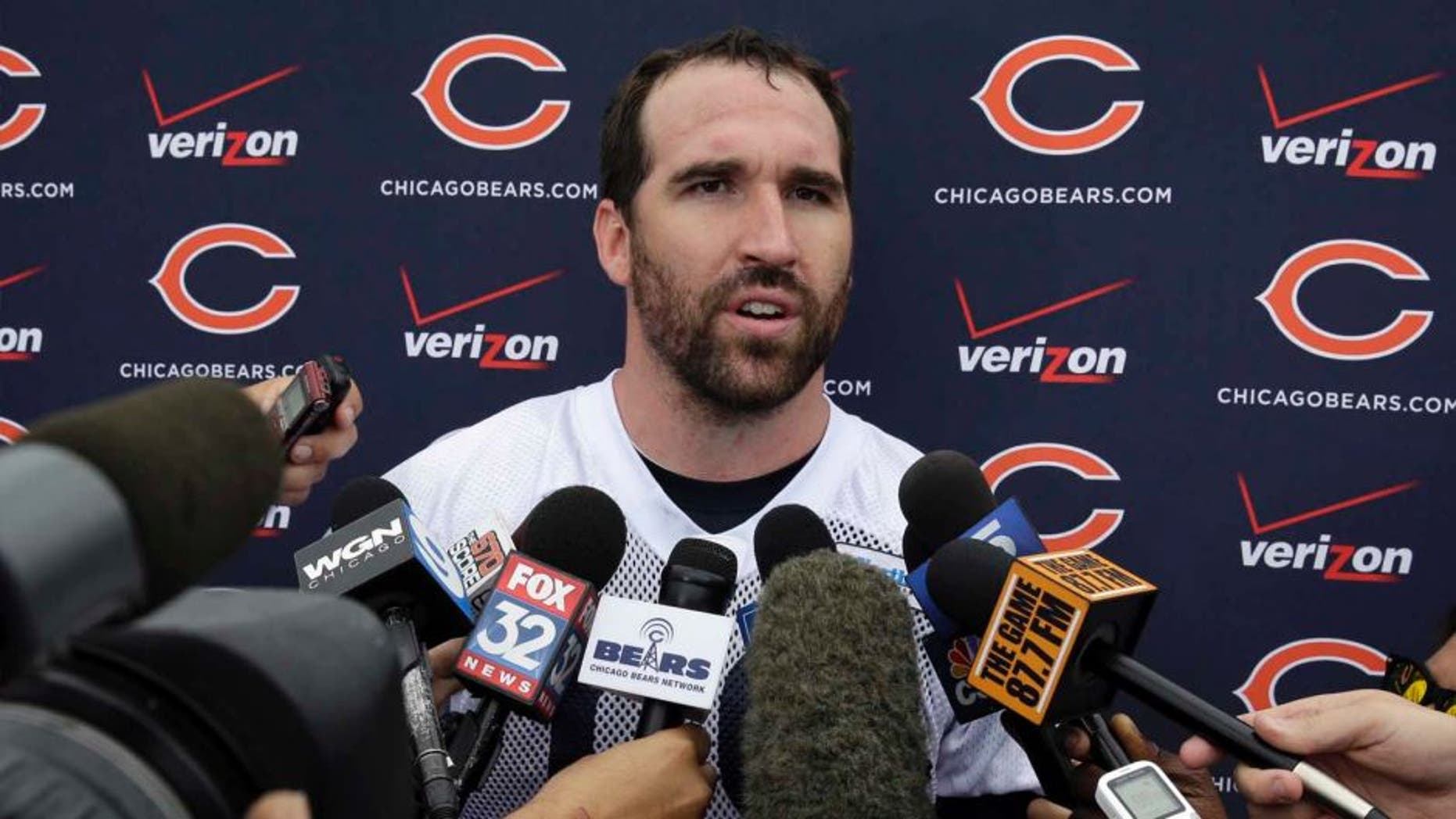 Chicago Bears defensive end Jared Allen (69) talks to the media at a news conference after the team's NFL football training camp at Olivet Nazarene University on Friday, July 25, 2014., in Bourbonnais, Ill.