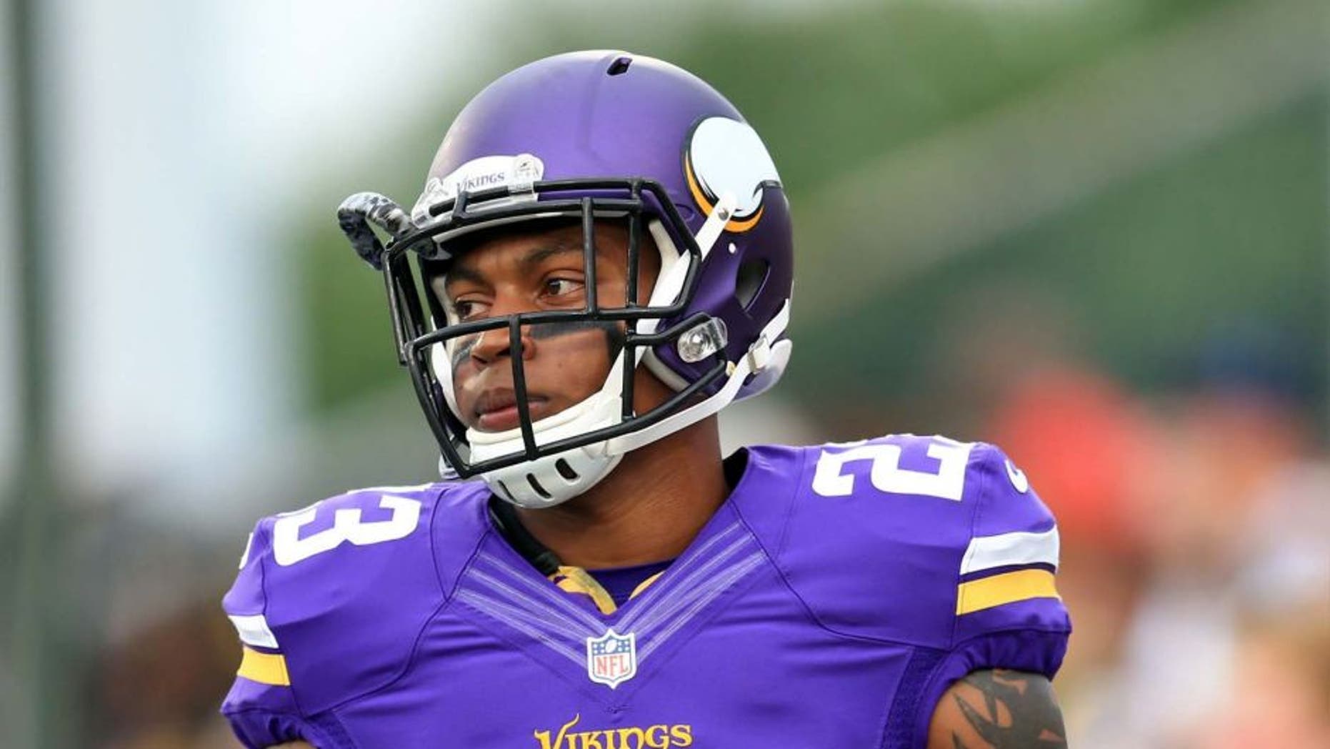 Aug 9, 2015; Canton, OH, USA; Minnesota Vikings running back Joe Banyard looks on against the Pittsburgh Steelers at Tom Benson Hall of Fame Stadium.