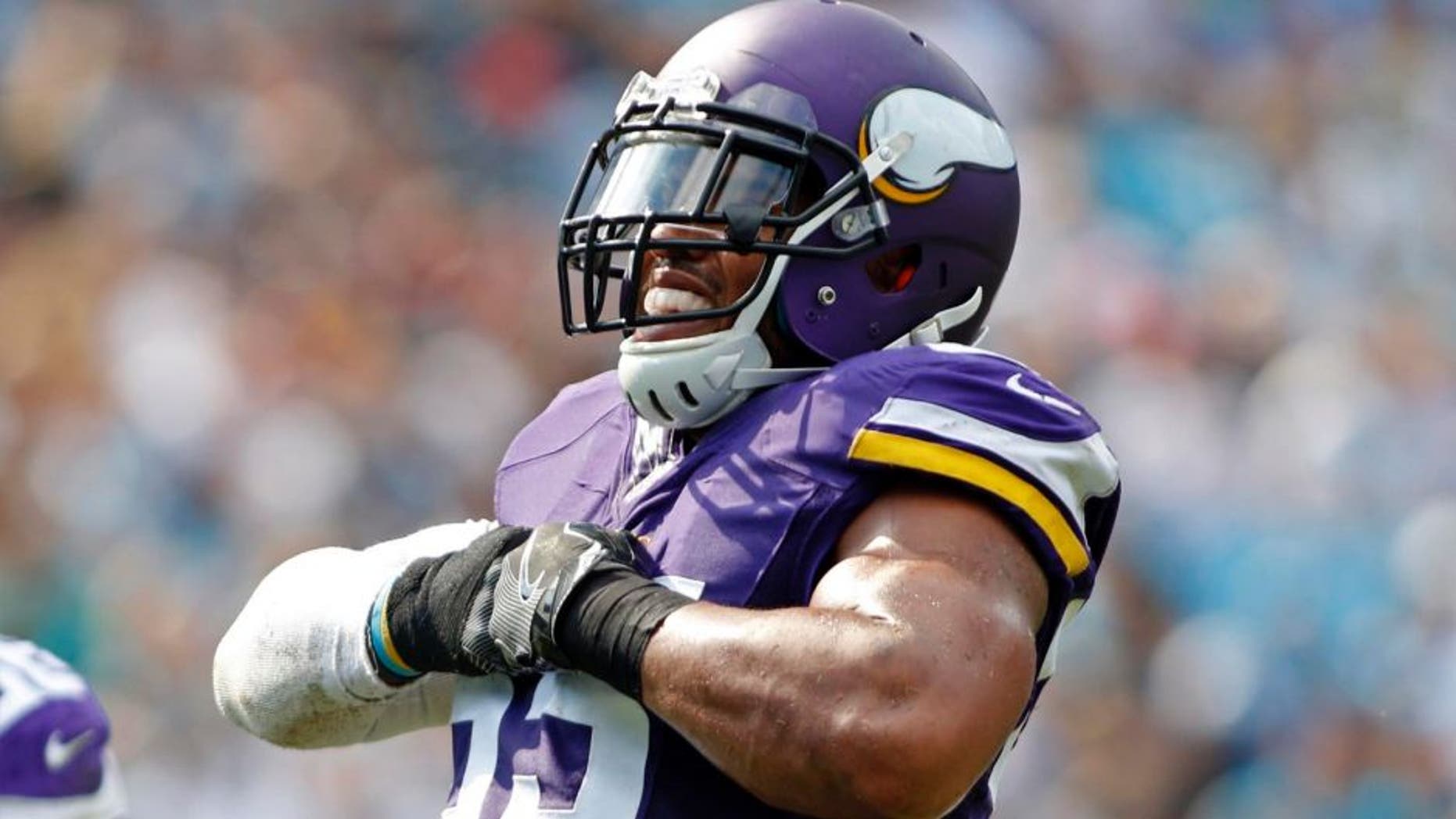 The Minnesota Vikings' Anthony Barr celebrates after a sack against the Carolina Panthers in the second half in Charlotte, N.C., Sunday, Sept. 25, 2016.