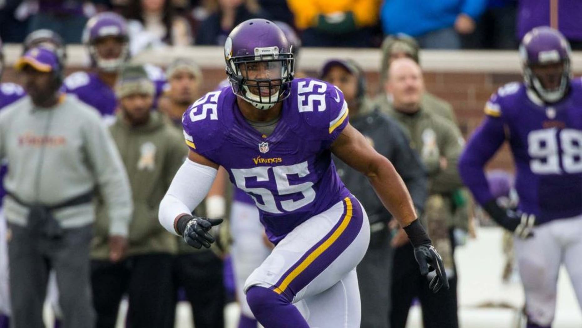 Nov 23, 2014; Minneapolis, MN, USA; Minnesota Vikings linebacker Anthony Barr (55) runs during the third quarter against the Green Bay Packers at TCF Bank Stadium. The Packers defeated the Vikings 24-21. Mandatory Credit: Brace Hemmelgarn-USA TODAY Sports