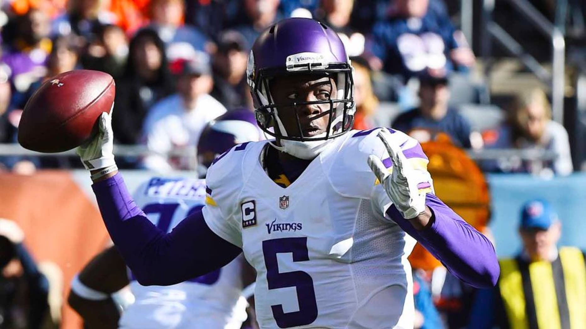 Minnesota Vikings quarterback Teddy Bridgewater throws the ball against the Chicago Bears during the first quarter at Soldier Field in Chicago on Sunday, Nov. 1, 2015.