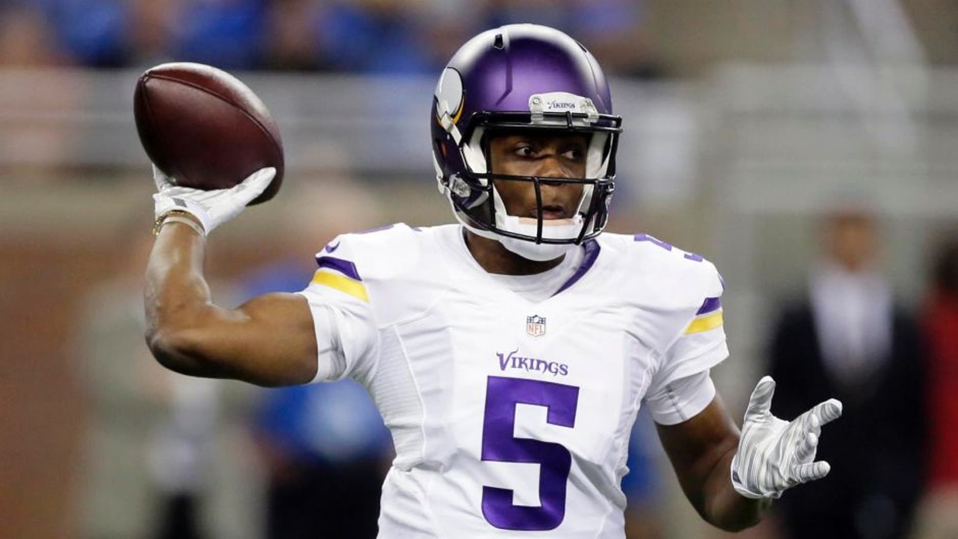 Minnesota Vikings quarterback Teddy Bridgewater throws during the first half against the Detroit Lions.