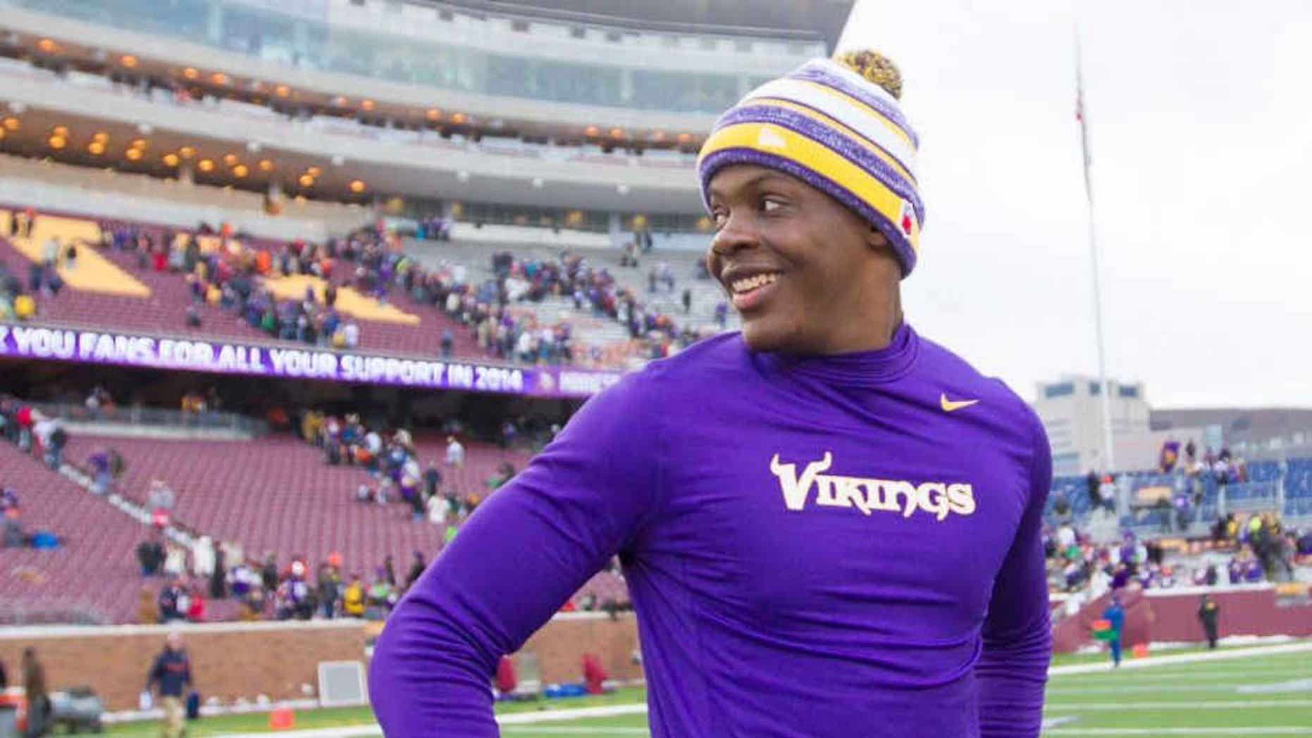 Dec 28, 2014; Minneapolis, MN, USA; Minnesota Vikings quarterback Teddy Bridgewater (5) smiles after the game against the Chicago Bears at TCF Bank Stadium. The Minnesota Vikings win 13-9. Mandatory Credit: Brad Rempel-USA TODAY Sports