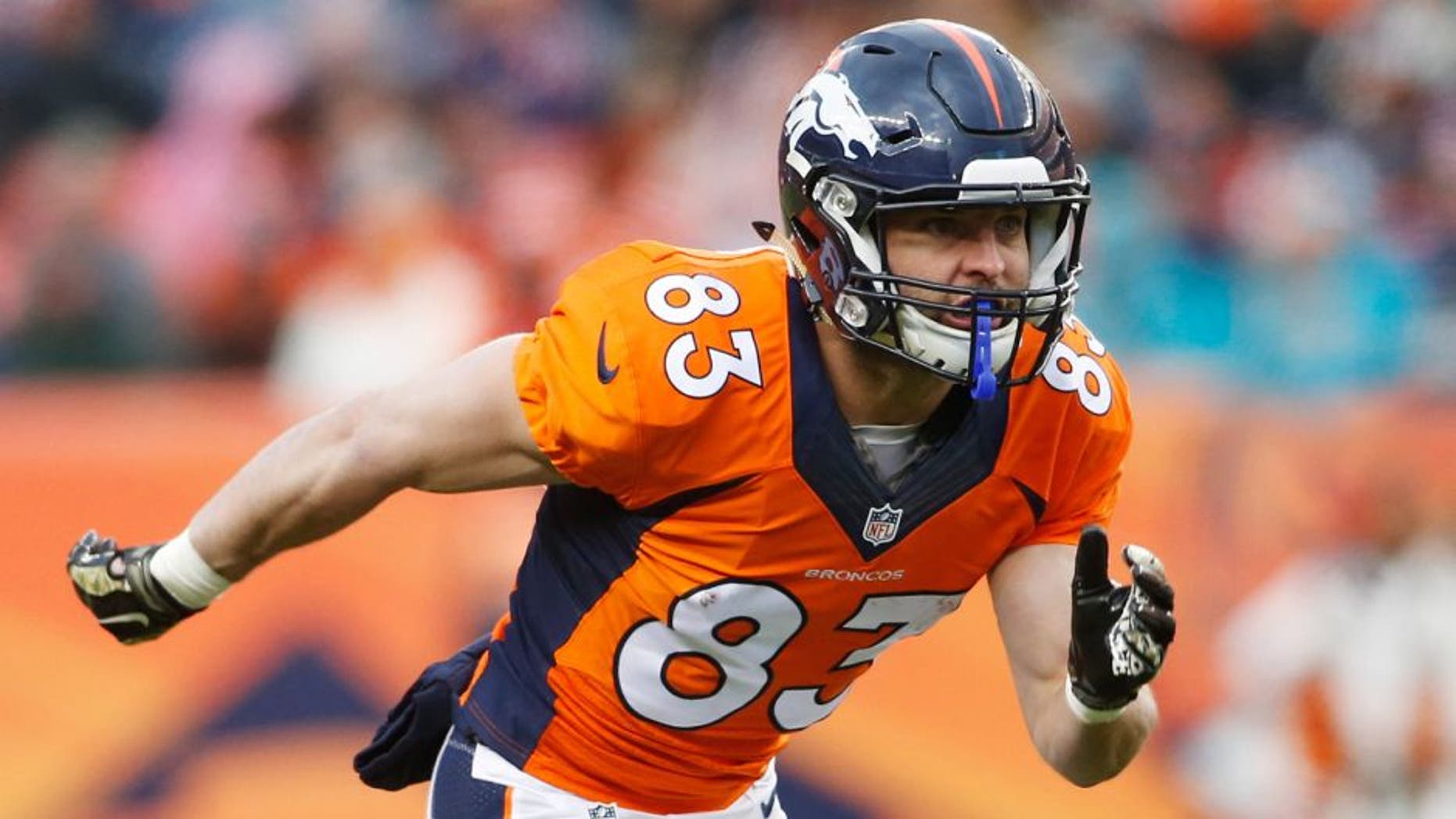 Nov 23, 2014; Denver, CO, USA; Denver Broncos wide receiver Wes Welker (83) during the game against the Miami Dolphins at Sports Authority Field at Mile High. Mandatory Credit: Chris Humphreys-USA TODAY Sports