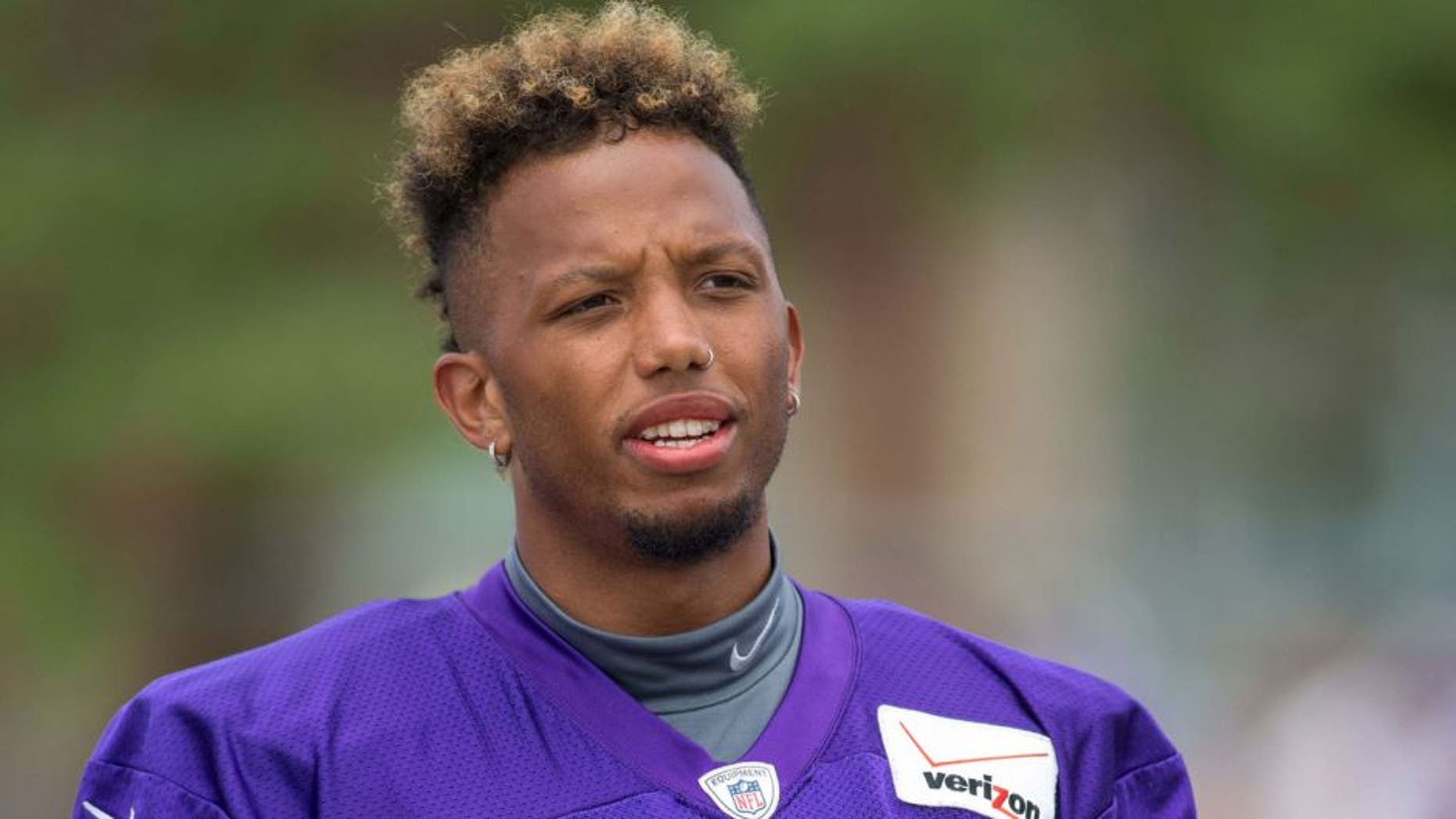 Jul 27, 2015; Mankato, MN, USA; Minnesota Vikings wide receiver Charles Johnson (12) walks to drills at training camp at Minnesota State University. Mandatory Credit: Bruce Kluckhohn-USA TODAY Sports