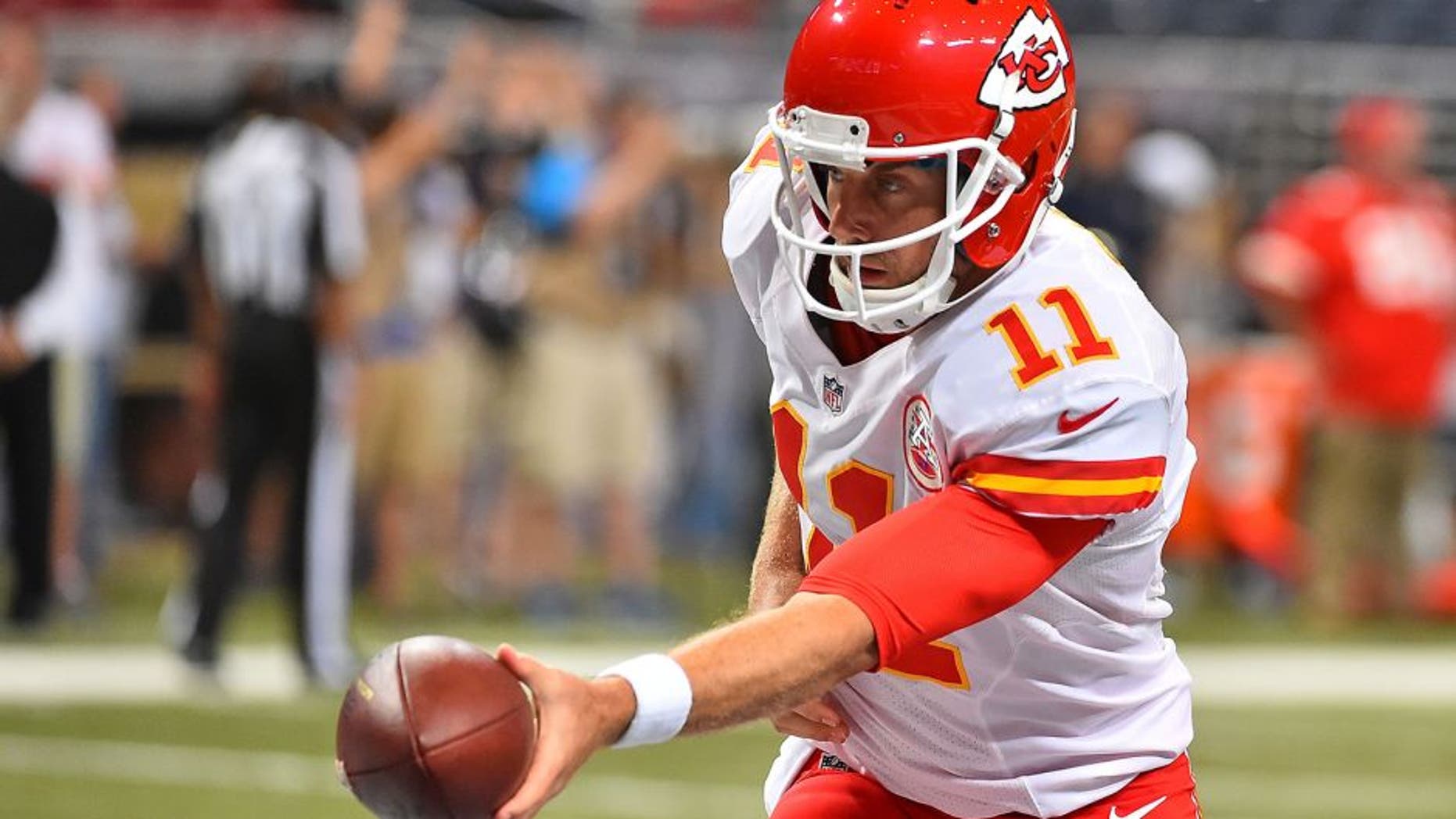 Sep 3, 2015; St. Louis, MO, USA; Kansas City Chiefs quarterback Alex Smith (11) during warmups before the game between the St. Louis Rams and the Kansas City Chiefs during the first half at the Edward Jones Dome. Mandatory Credit: Jasen Vinlove-USA TODAY Sports