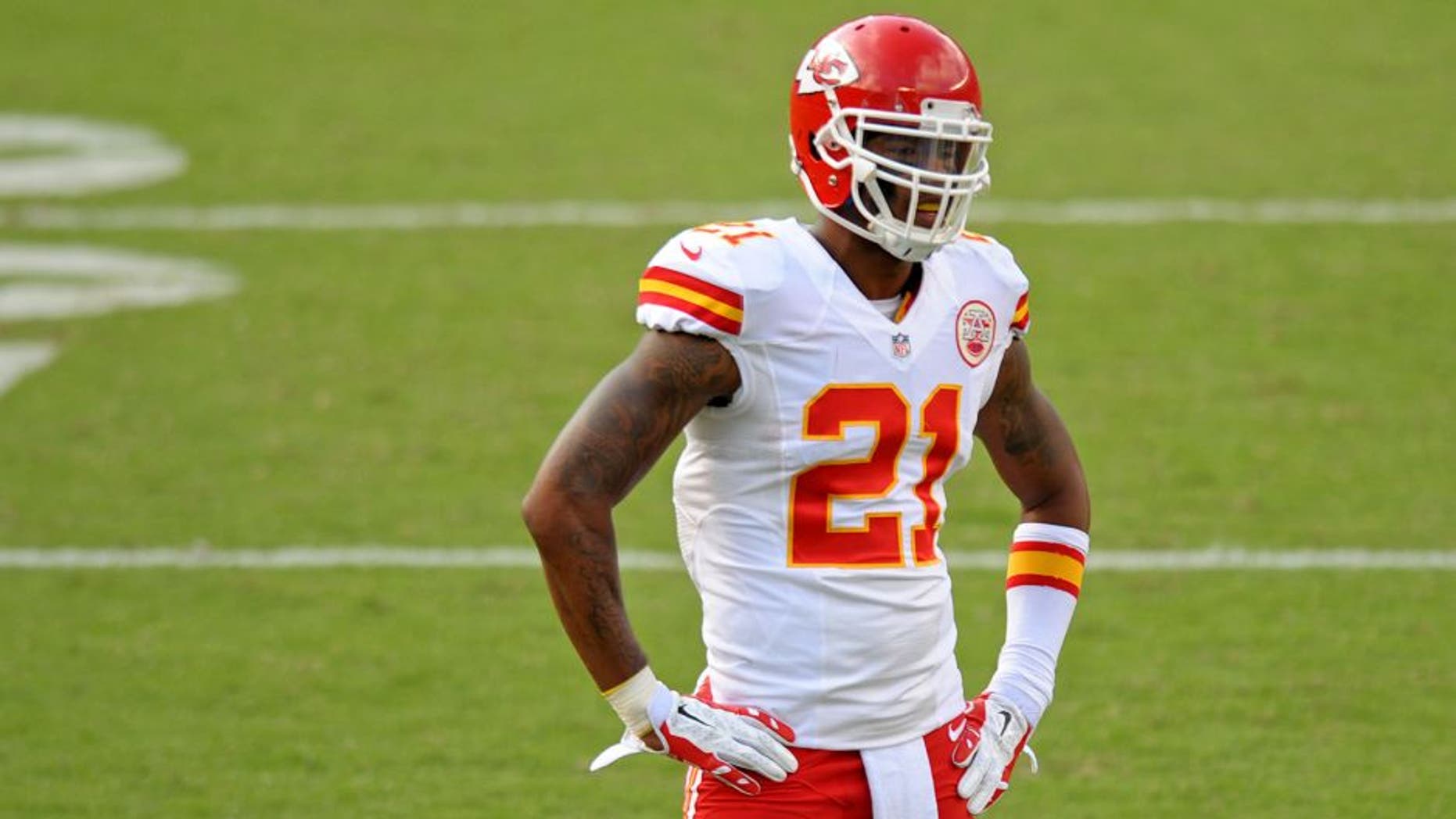 Oct 19, 2014; San Diego, CA, USA; Kansas City Chiefs cornerback Sean Smith (21) in the field during the fourth quarter against the San Diego Chargers at Qualcomm Stadium. Mandatory Credit: Jake Roth-USA TODAY Sports