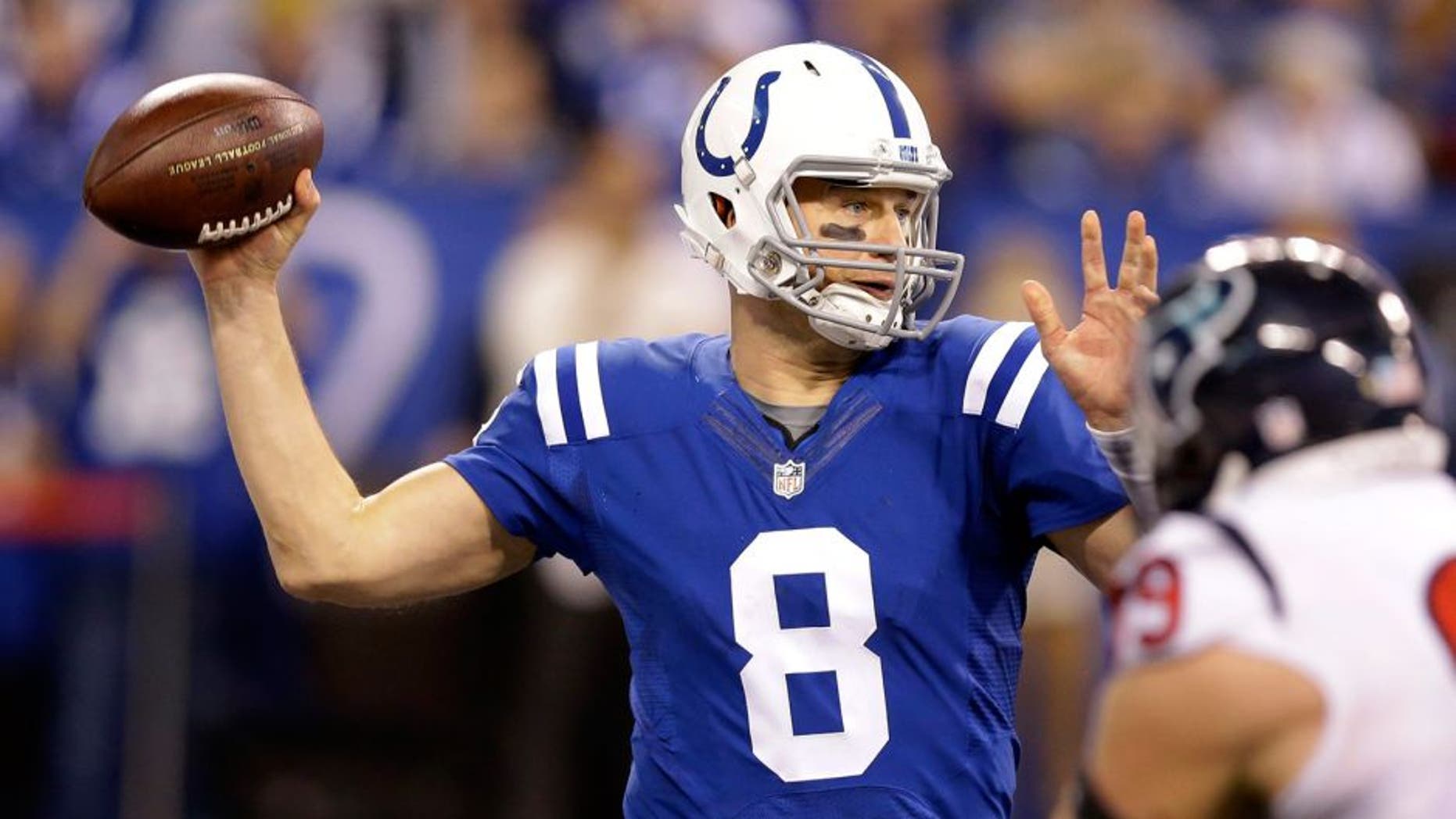 Indianapolis Colts quarterback Matt Hasselbeck (8) prepares to throw during the second half of an NFL football game against the Houston Texans, Sunday, Dec. 20, 2015, in Indianapolis. (AP Photo/Michael Conroy)