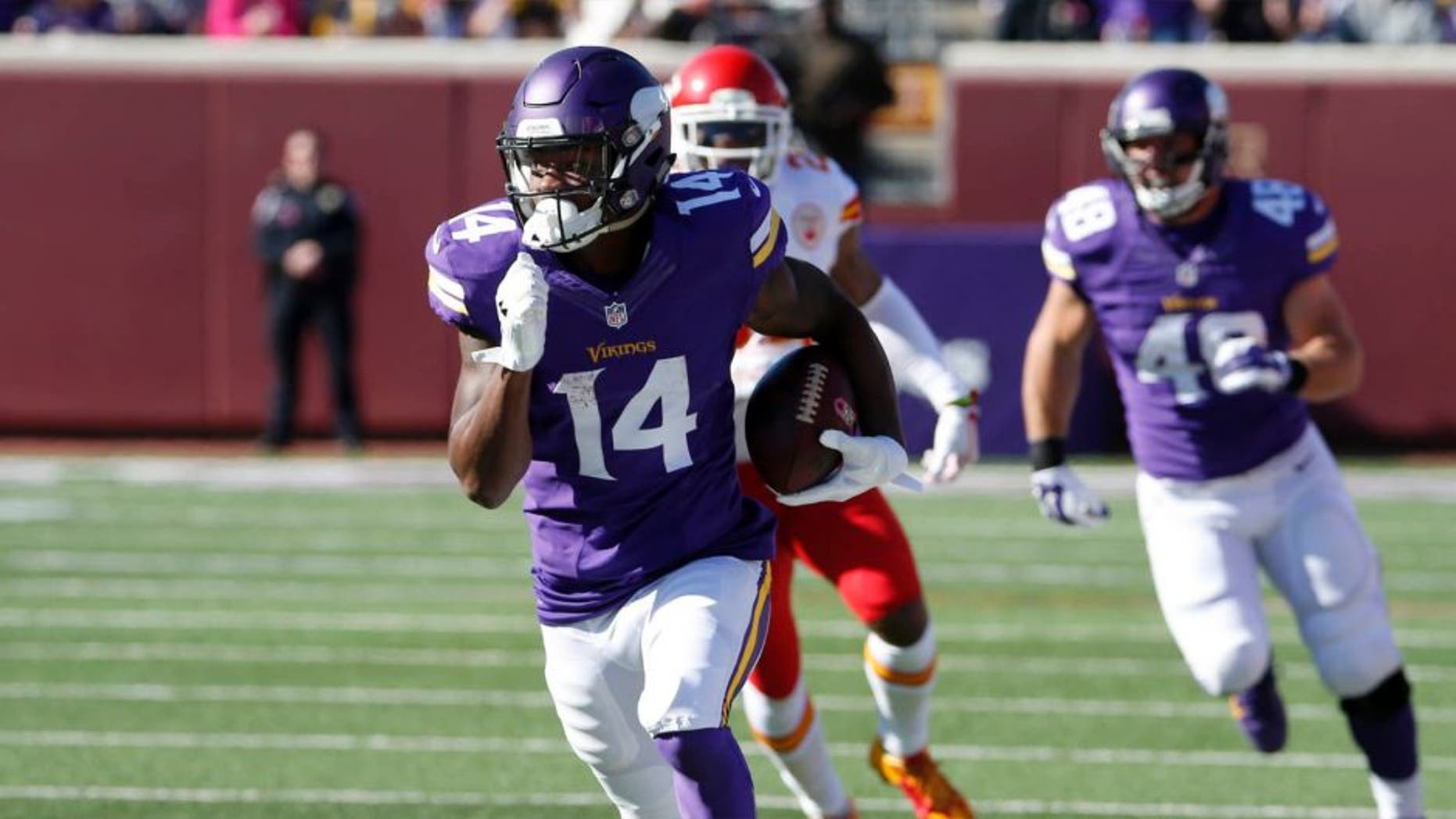Minnesota Vikings wide receiver Stefon Diggs runs with the ball during the first half against the Kansas City Chiefs on Sunday, Oct. 18, 2015, in Minneapolis. Few knew who Stefon Diggs was when the Vikings grabbed the receiver in the fifth round of the draft. After Sunday's seven-catch, 129-yard performance, coaches, opposing defenses and fantasy owners are going to start taking notice.