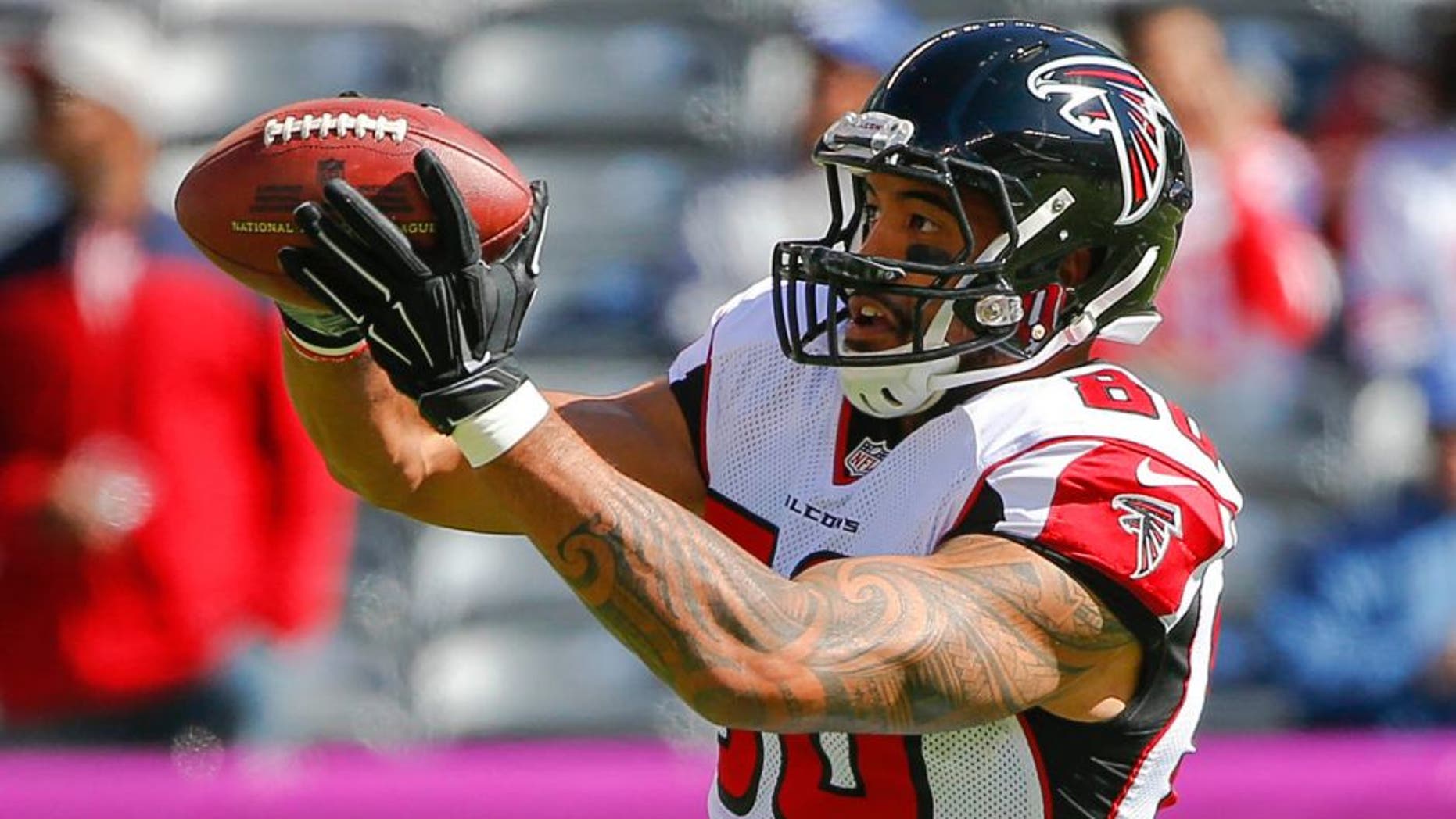 Oct 5, 2014; East Rutherford, NJ, USA; Atlanta Falcons tight end Levine Toilolo (80) prior to the game against the New York Giants at MetLife Stadium. Mandatory Credit: Jim O'Connor-USA TODAY Sports