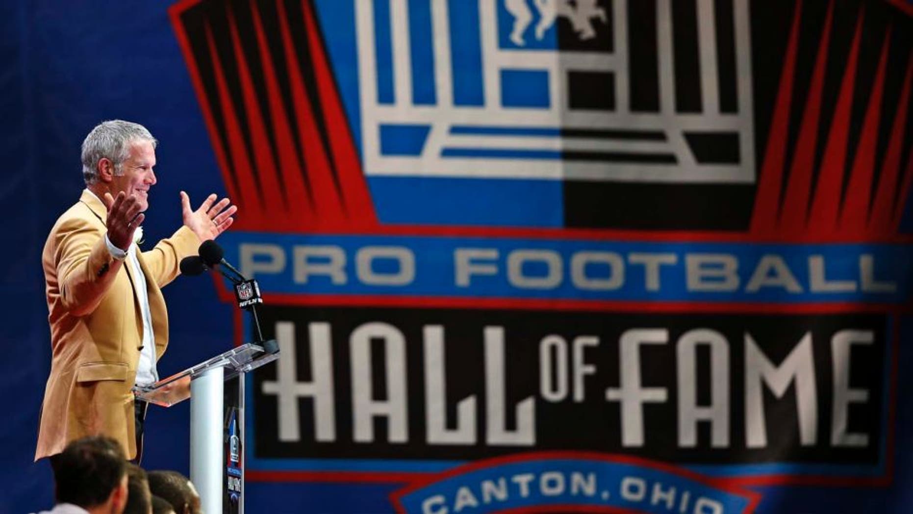 Former NFL quarterback Brett Favre delivers his speech during inductions at the Pro Football Hall of Fame on Saturday, Aug.6, 2016, in Canton, Ohio.