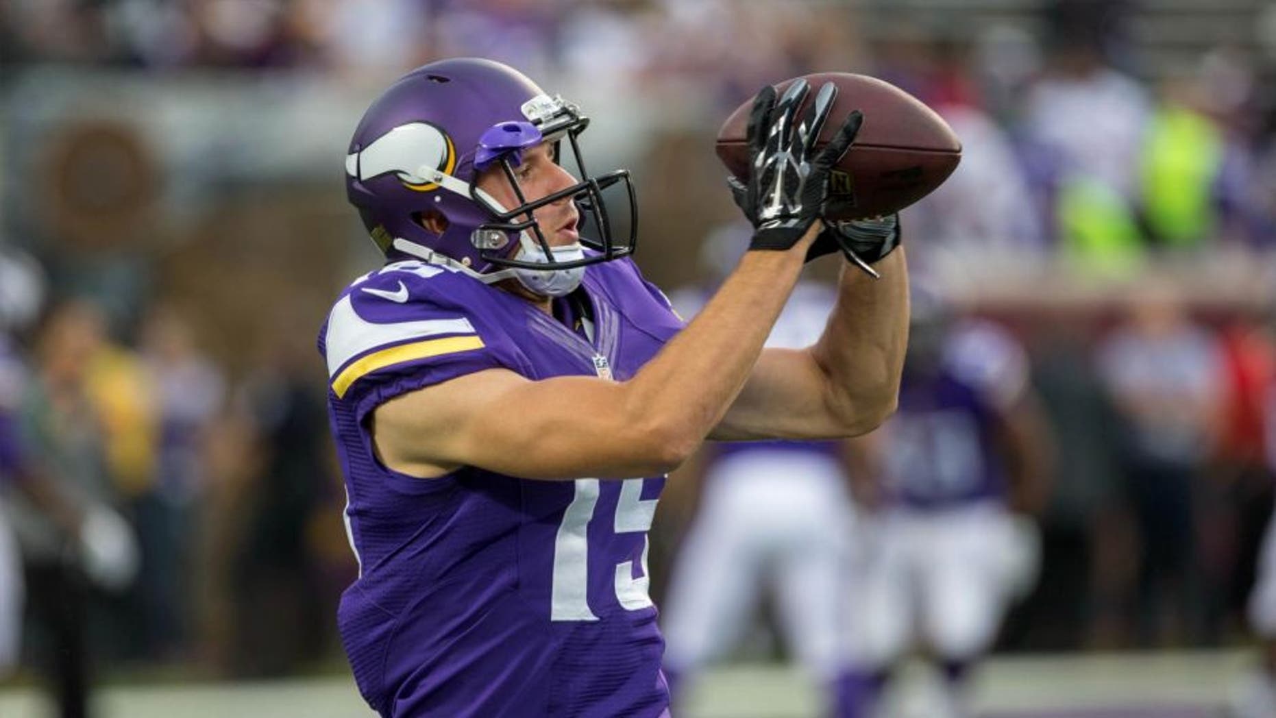 Minnesota Vikings wide receiver Isaac Fruechte catches a pass before the game Aug. 22, 2015, against the Oakland Raiders at TCF Bank Stadium.
