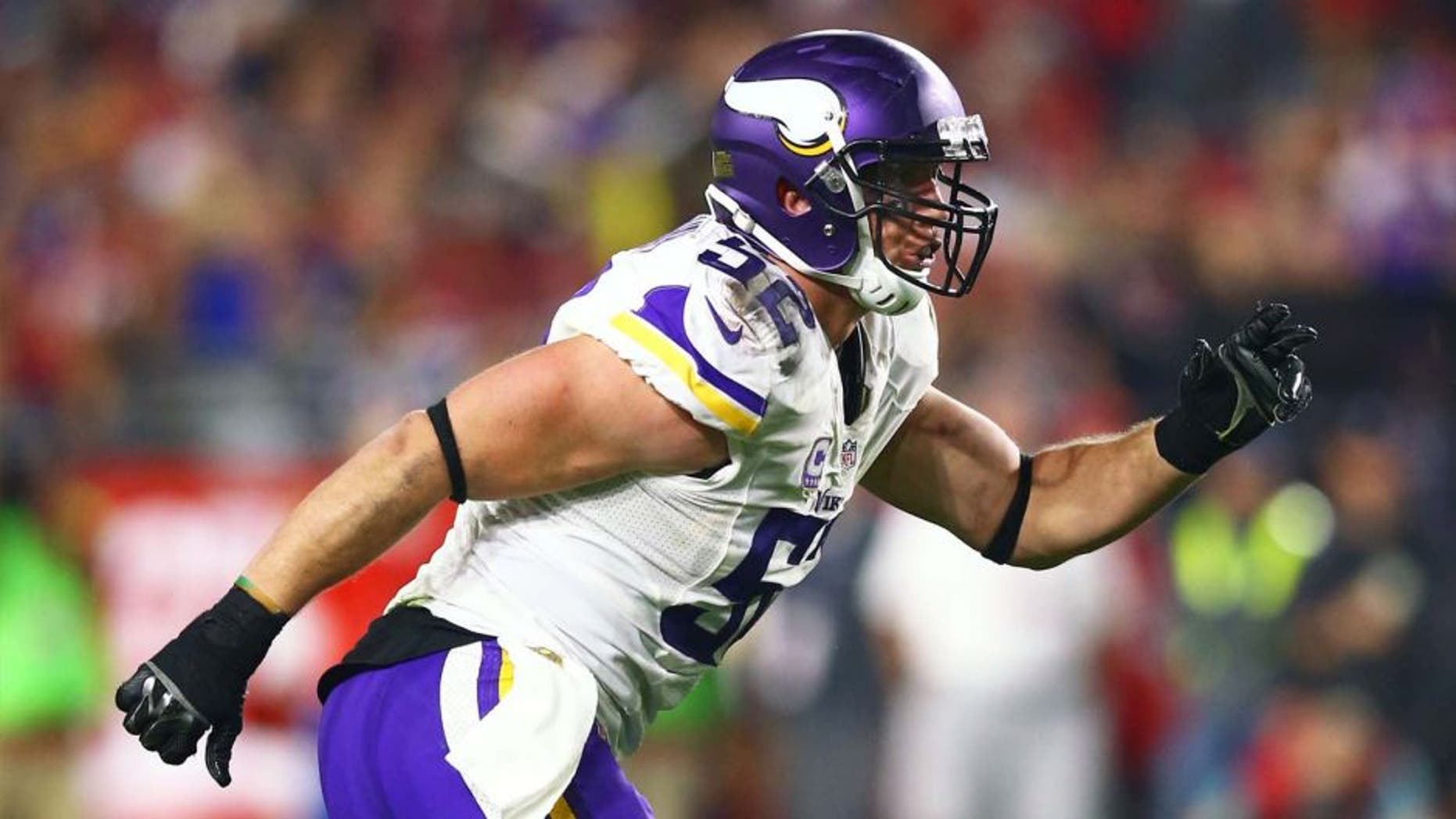 Minnesota Vikings linebacker Chad Greenway runs against the Arizona Cardinals at University of Phoenix Stadium in Glendale, Ariz., on Dec. 10, 2015.