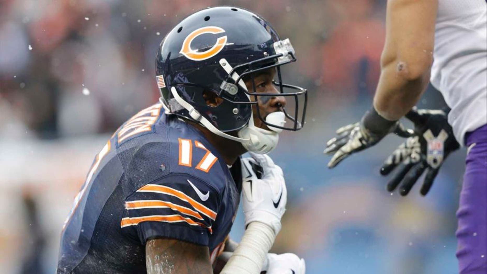 Chicago Bears wide receiver Alshon Jeffery kneels down after catching a touchdown pass during the first half.