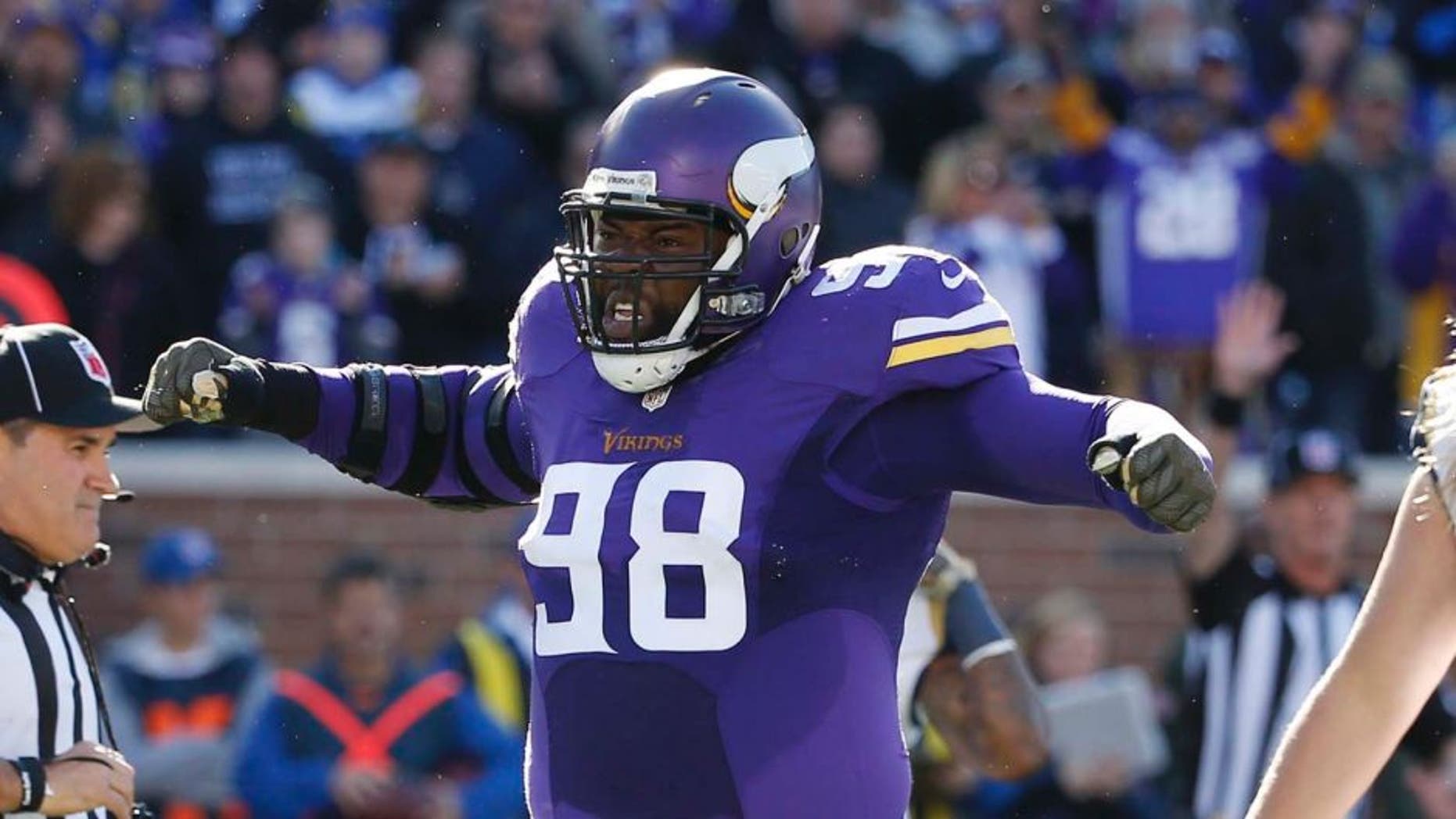 Minnesota Vikings defensive tackle Linval Joseph reacts after a play during the first half of an NFL football game against the St. Louis Rams on Sunday, Nov. 8, 2015, in Minneapolis.