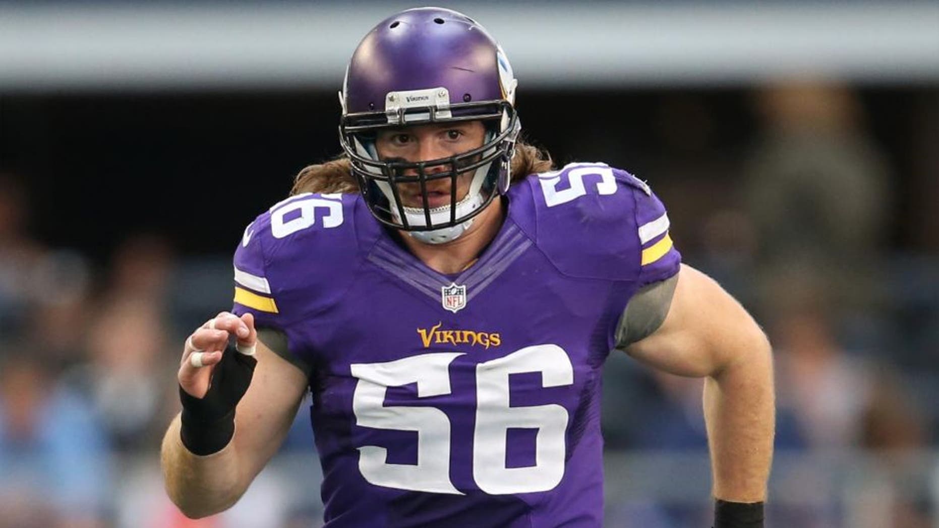 Nov 3, 2013; Arlington, TX, USA; Minnesota Vikings linebacker Michael Mauti (56) in action against the Dallas Cowboys at AT&T Stadium.