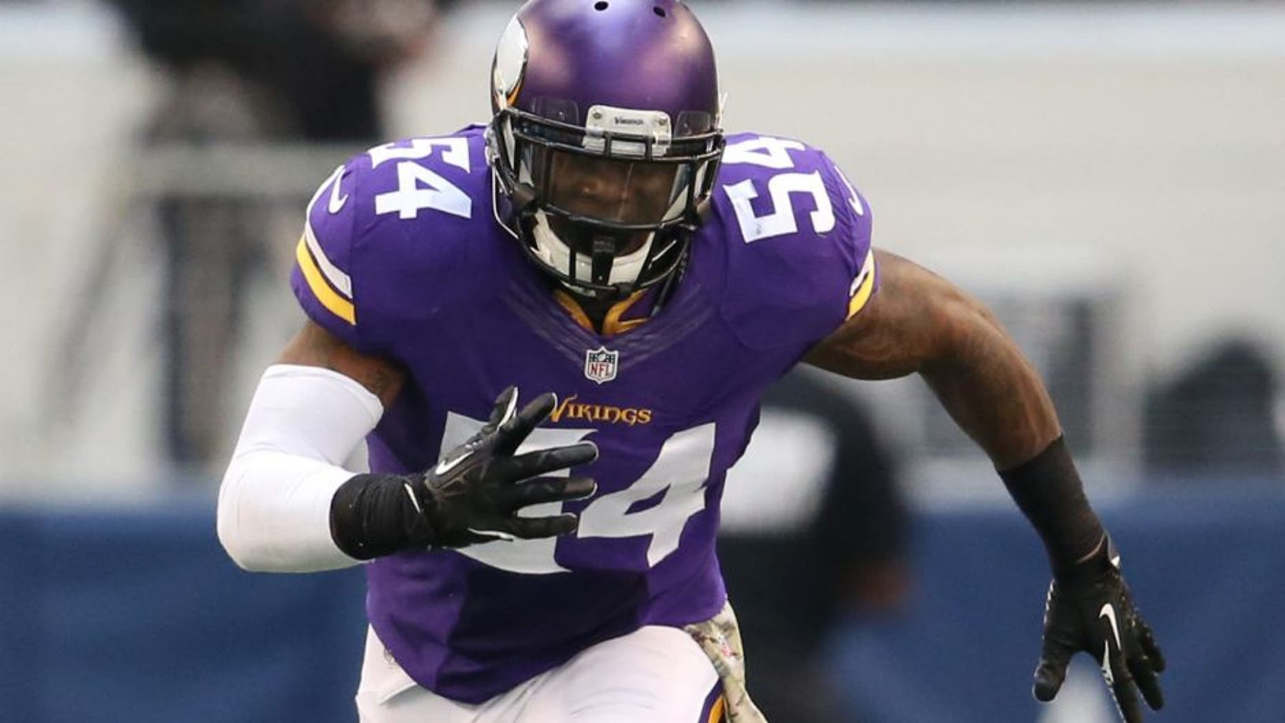 Nov 3, 2013; Arlington, TX, USA; Minnesota Vikings linebacker Gerald Hodges (54) in action against the Dallas Cowboys at AT&T Stadium.