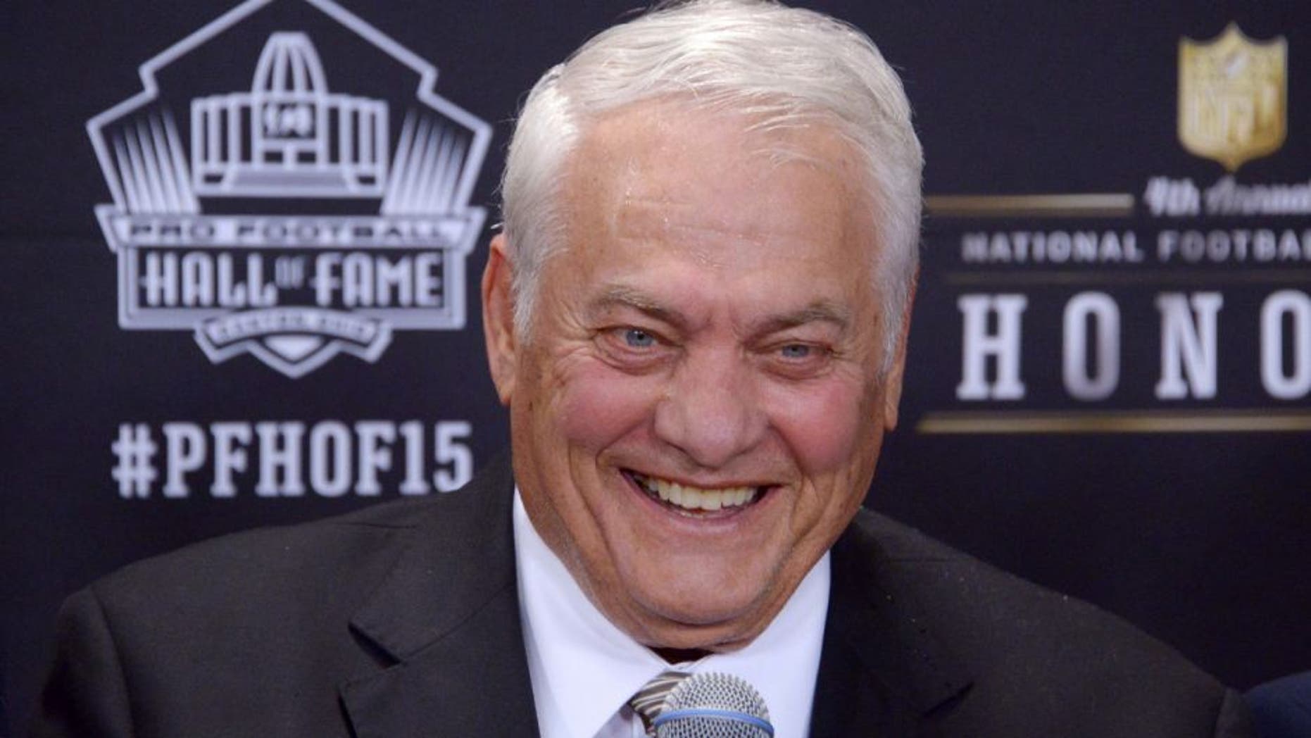 Jan 31, 2015; Phoenix, AZ, USA; Minnesota Vikings former center Mick Tingelhoff reacts during a press conference to introduce the 2015 Pro Football Hall of Fame inductees at Symphony Hall.