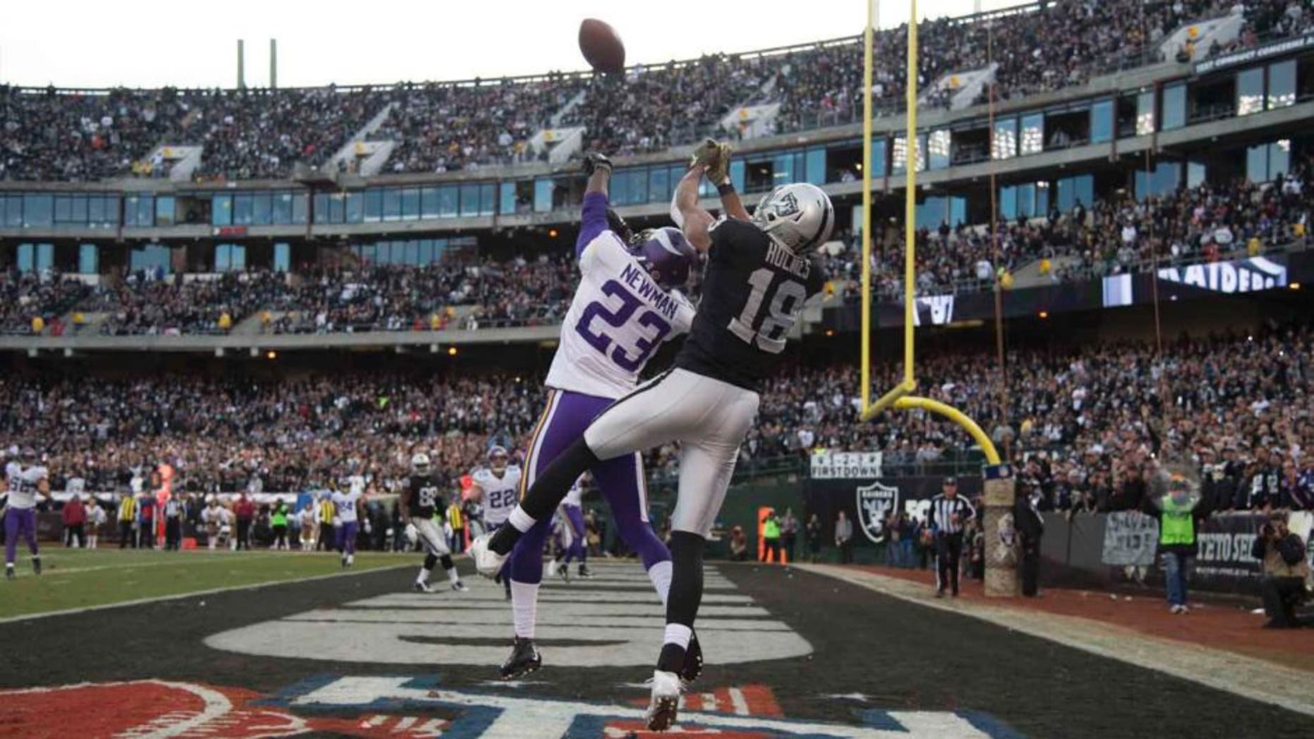 Minnesota Vikings cornerback Terence Newman intercepts the football intended for Oakland Raiders wide receiver Andre Holmes during the fourth quarter at O.co Coliseum in Oakland, Calif., on Sunday, Nov. 15, 2015.