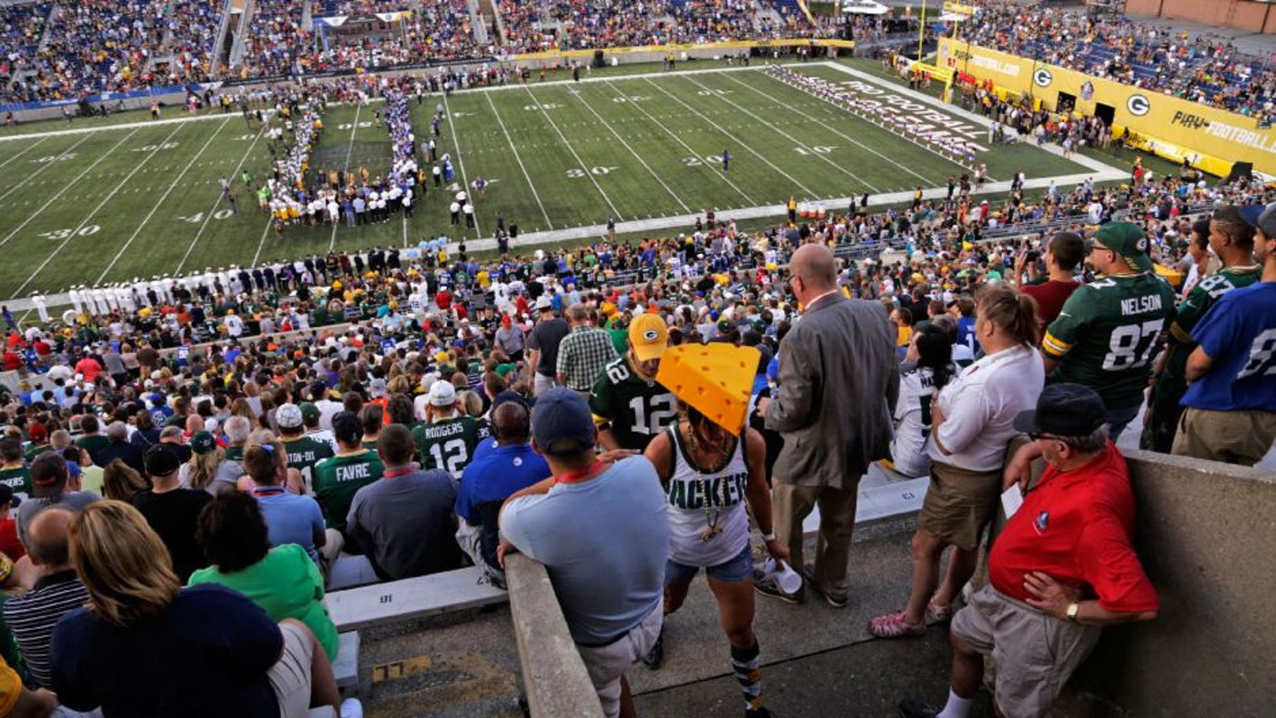 Fans leave Tom Benson Hall of Fame Stadium after it was announced that the preseason game between the Green Bay Packers and the Indianapolis Colts was cancelled due to unsafe field conditions on Sunday in Canton, Ohio.