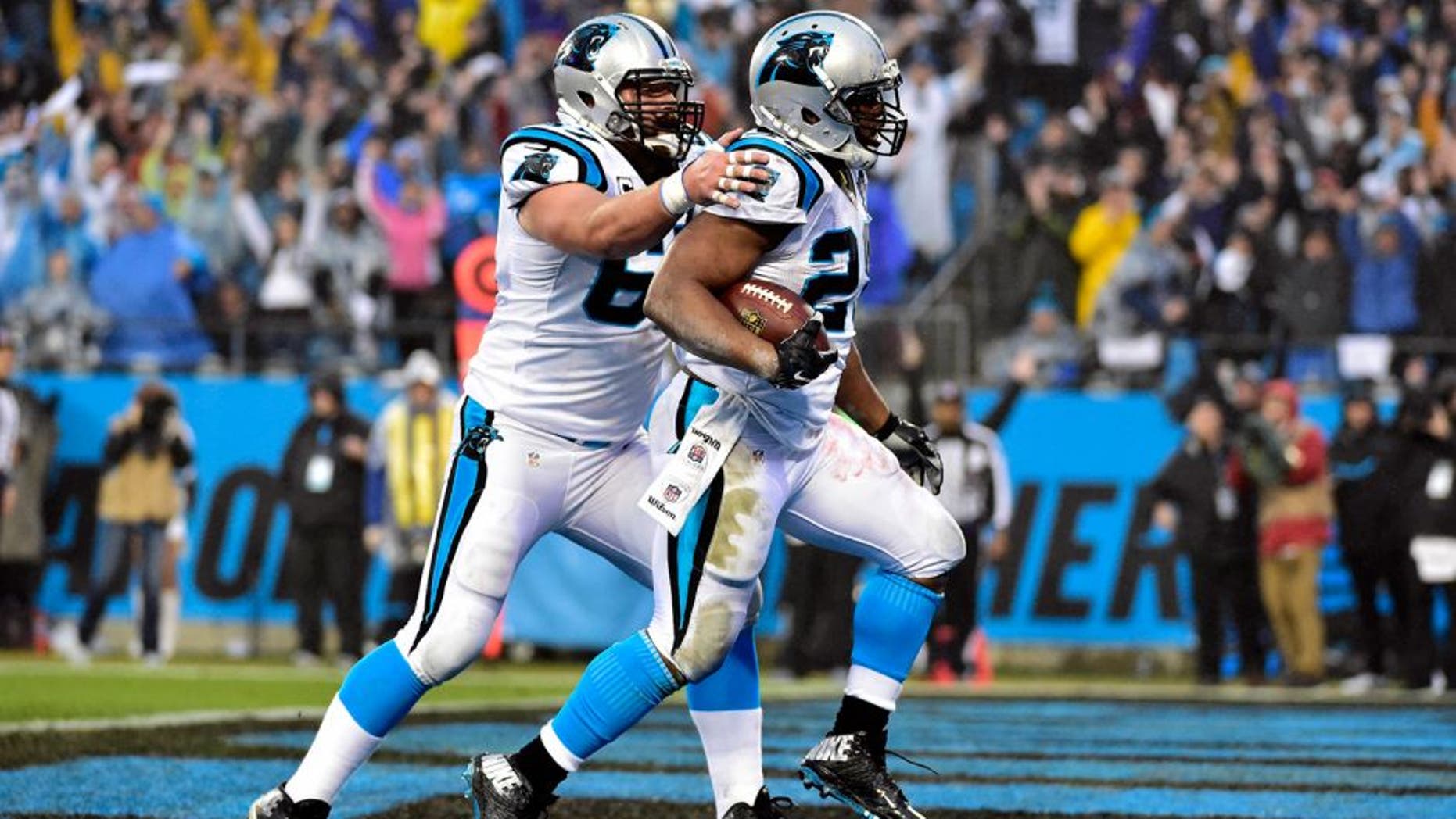 Jan 3, 2015; Charlotte, NC, USA; Carolina Panthers running back Jonathan Stewart (28) celebrates a touchdown with center Ryan Kalil (67) during the first quarter against the Arizona Cardinals in the 2014 NFC Wild Card playoff football game at Bank of America Stadium. Mandatory Credit: Bob Donnan-USA TODAY Sports