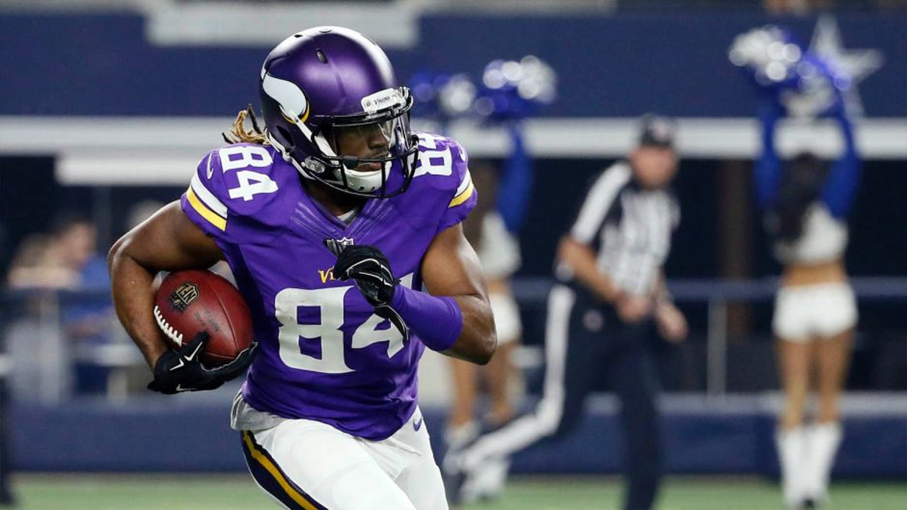 Minnesota Vikings wide receiver Cordarrelle Patterson makes a 107-yard touchdown on a kick-off return against the Dallas Cowboys during the first half of a preseason game Saturday, Aug. 29, 2015, in Arlington, Texas.