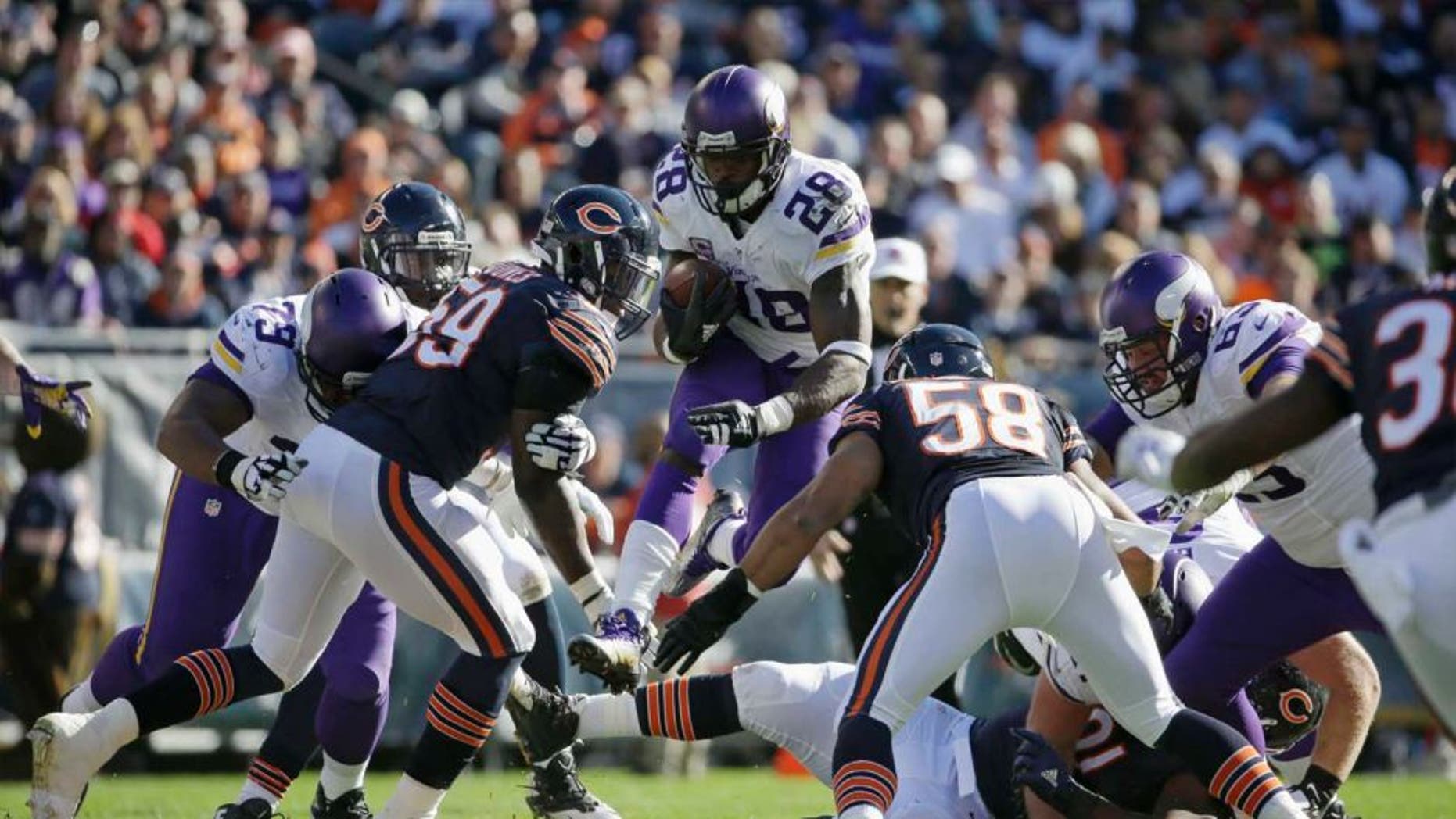 Minnesota Vikings running back Adrian Peterson leaps over players as he carries the ball against Chicago Bears defenders during the first half of an NFL football game Sunday, Nov. 1, 2015, in Chicago.