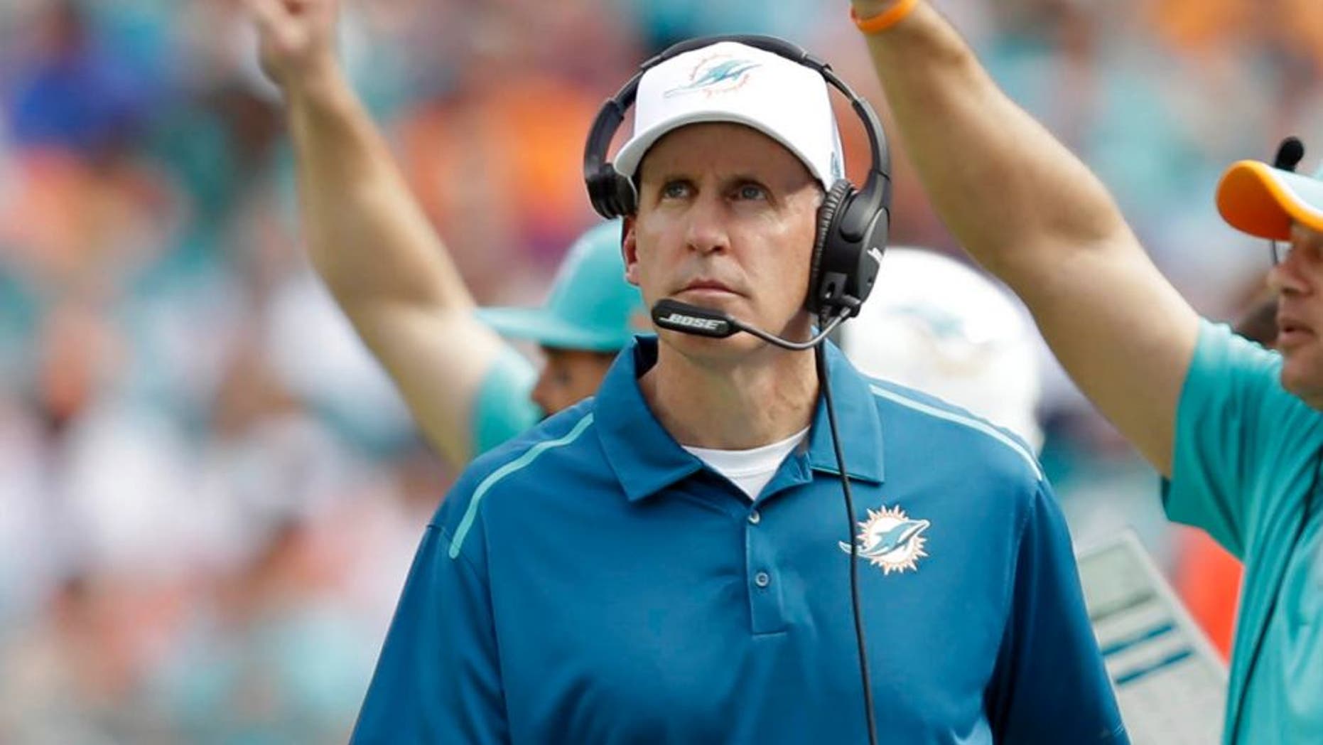 Miami Dolphins head coach Joe Philbin looks up at a play during the first half against the Minnesota Vikings.