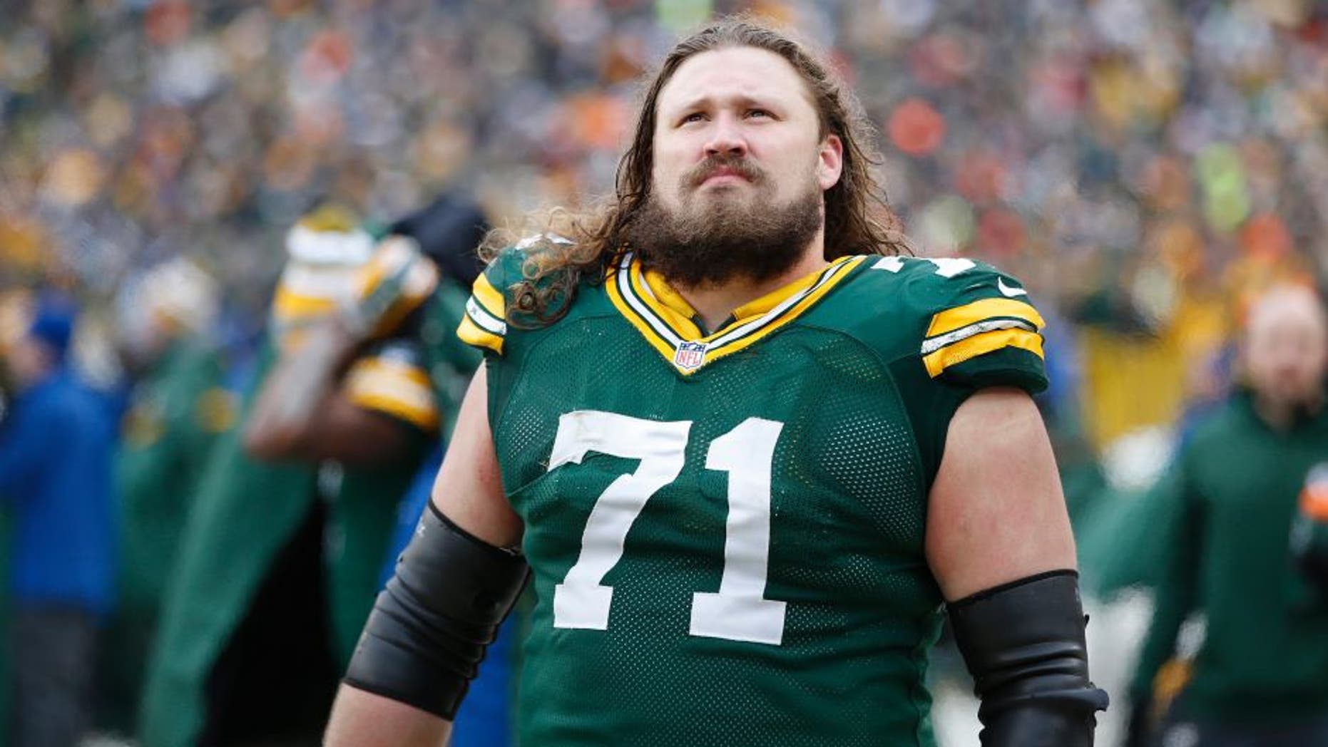 GREEN BAY, WI - JANUARY 11: Josh Sitton #71 of the Green Bay Packers looks on against the Dallas Cowboys during the NFC Divisional Playoff game at Lambeau Field on January 11, 2015 in Green Bay, Wisconsin. The Packers defeated the Cowboys 26-21. (Photo by Joe Robbins/Getty Images)