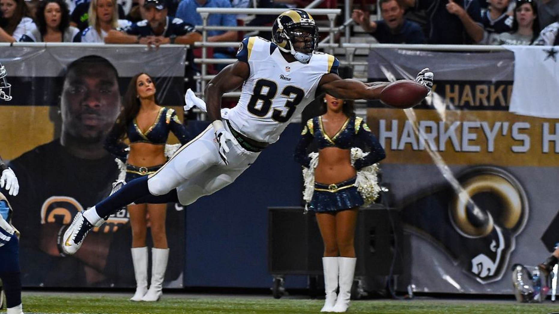 Sep 21, 2014; St. Louis, MO, USA; St. Louis Rams wide receiver Brian Quick (83) fails to make a catch against the St. Louis Rams during the second half at the Edward Jones Dome. The Dallas Cowboys defeat the St. Louis Rams 34-31. Mandatory Credit: Jasen Vinlove-USA TODAY Sports