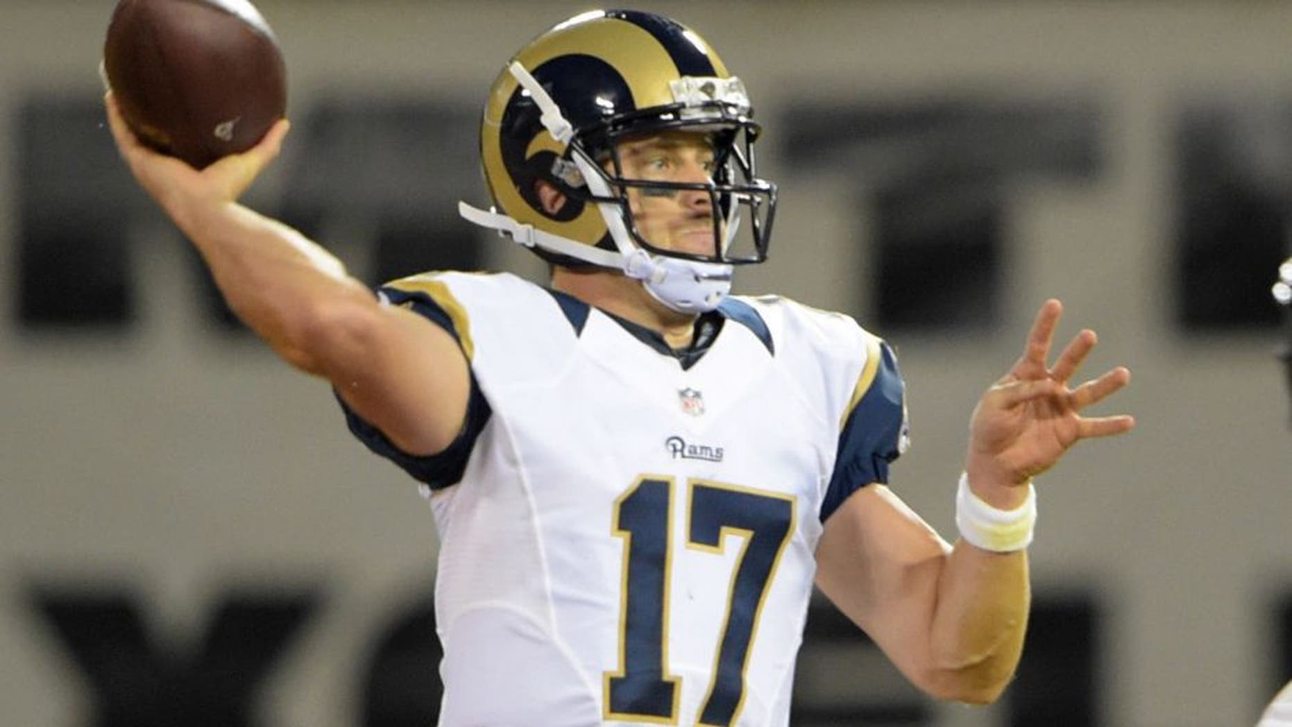Aug 14, 2015; Oakland, CA, USA; St. Louis Rams quarterback Case Keenum throws a pass during the preseason NFL game against the Oakland Raiders at O.co Coliseum. Mandatory Credit: Kirby Lee-USA TODAY Sports