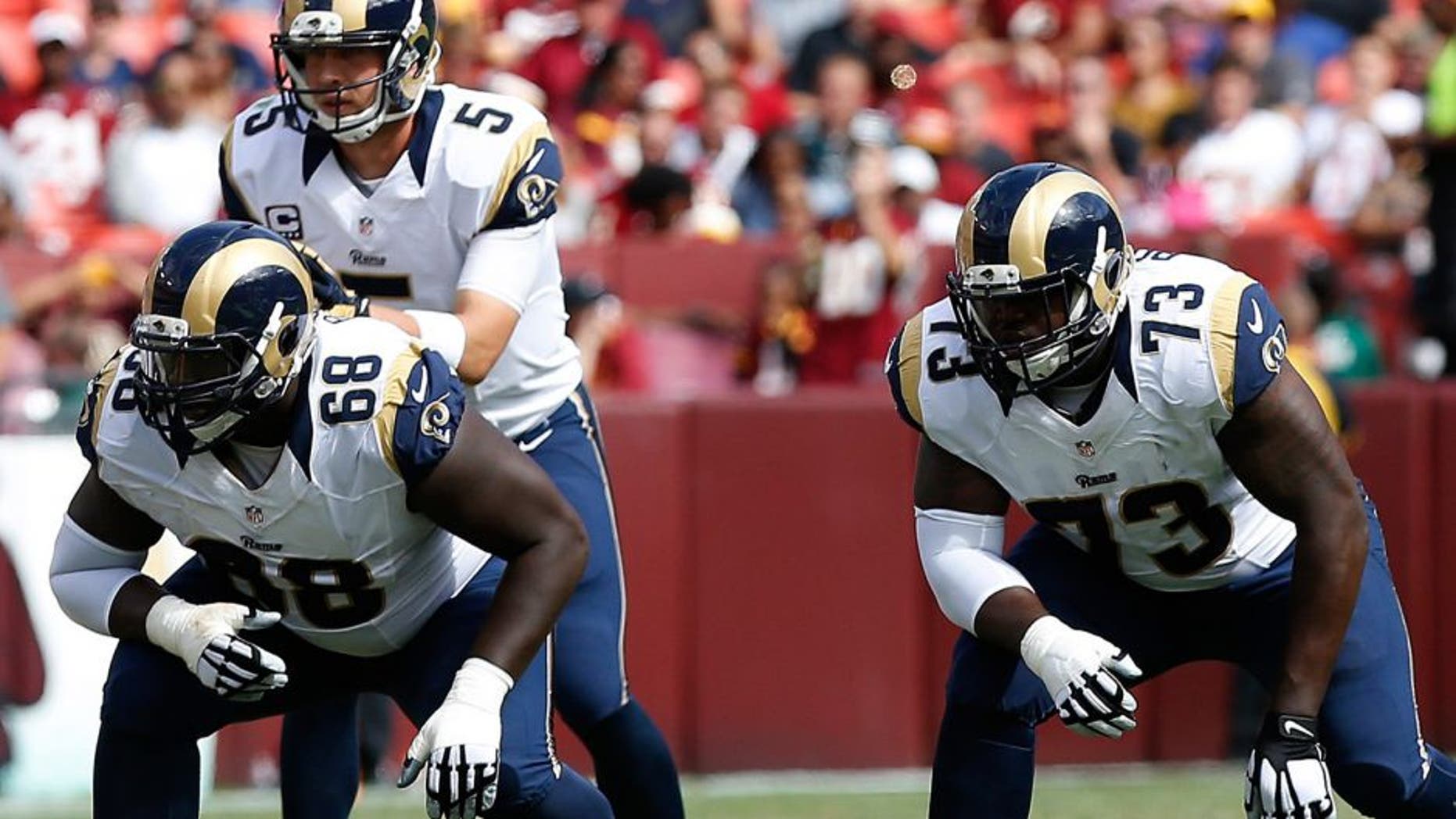 Sep 20, 2015; Landover, MD, USA; St. Louis Rams offensive guard Jamon Brown (68) and Rams tackle Greg Robinson (73) line up against the Washington Redskins at FedEx Field. Mandatory Credit: Geoff Burke-USA TODAY Sports