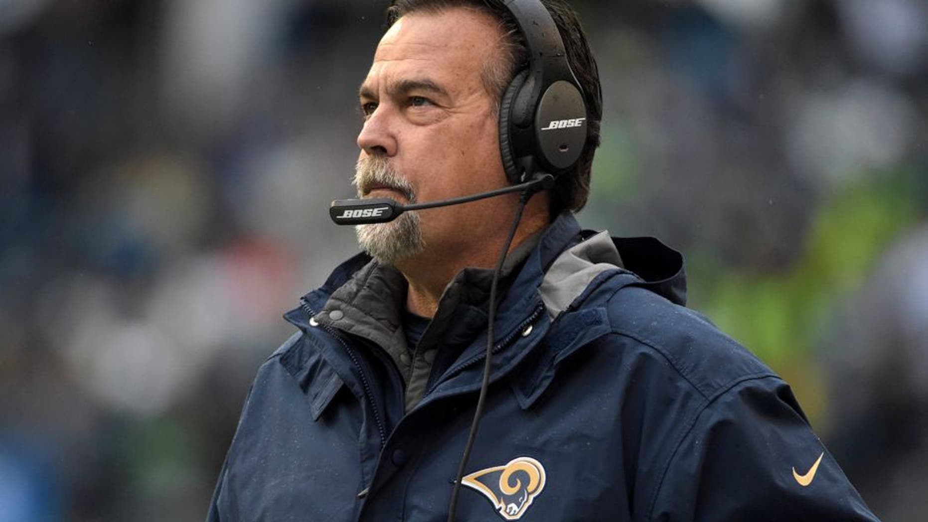 Dec 27, 2015; Seattle, WA, USA; St. Louis Rams head coach Jeff Fisher reacts during an NFL football game against the Seattle Seahawks at CenturyLink Field. Mandatory Credit: Kirby Lee-USA TODAY Sports