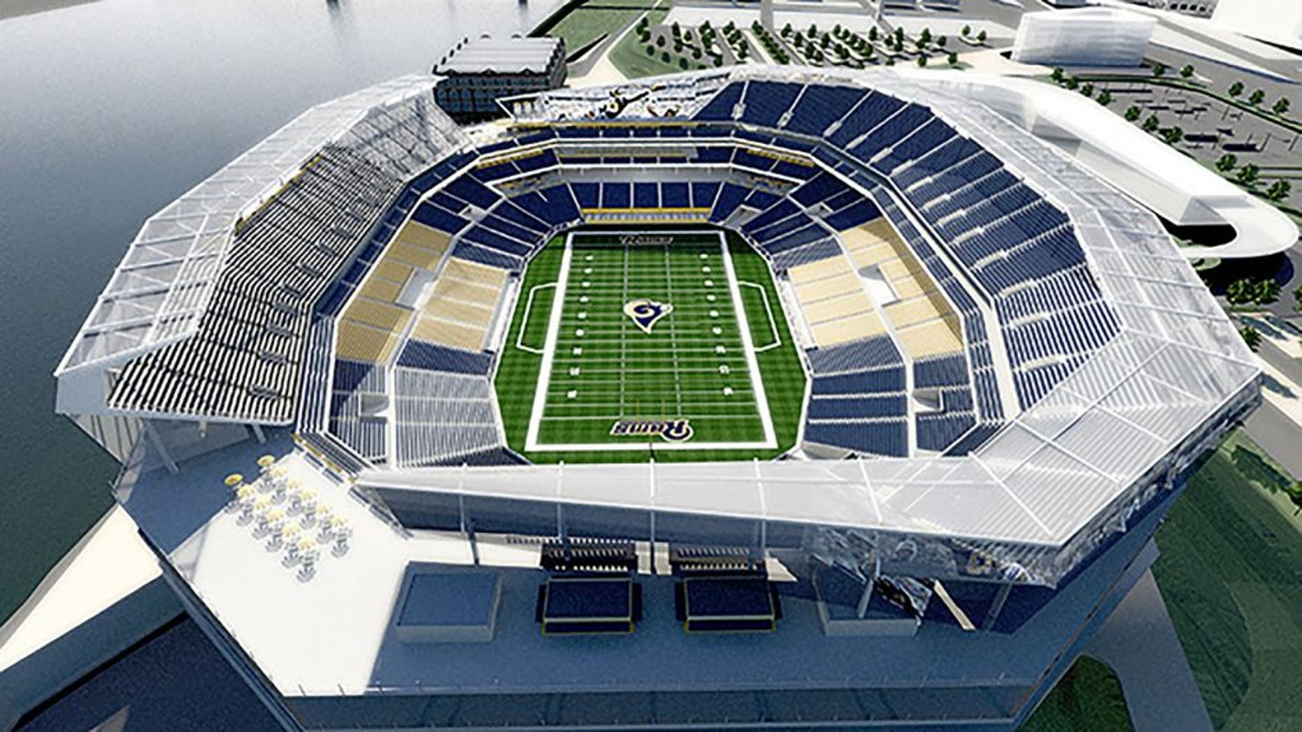 Missouri Governor Jay Nixonâs task force has released a new round of stadium and property renderings by HOK in St. Louis on March 2, 2015. The new renderings reflect input received over the past seven weeks from the NFL and St. Louis Rams, as well as stakeholders in the project including Ameren, the Terminal Railroad Association, the U.S. Army Corps of Engineers and others. The task force is developing plans for an open-air NFL stadium project on the North Riverfront of downtown St. Louis that could be the new home for the Rams, as well as related enhancements to the Edward Jones Dome and Americaâs Center convention facility. Rendering by HOK/UPI