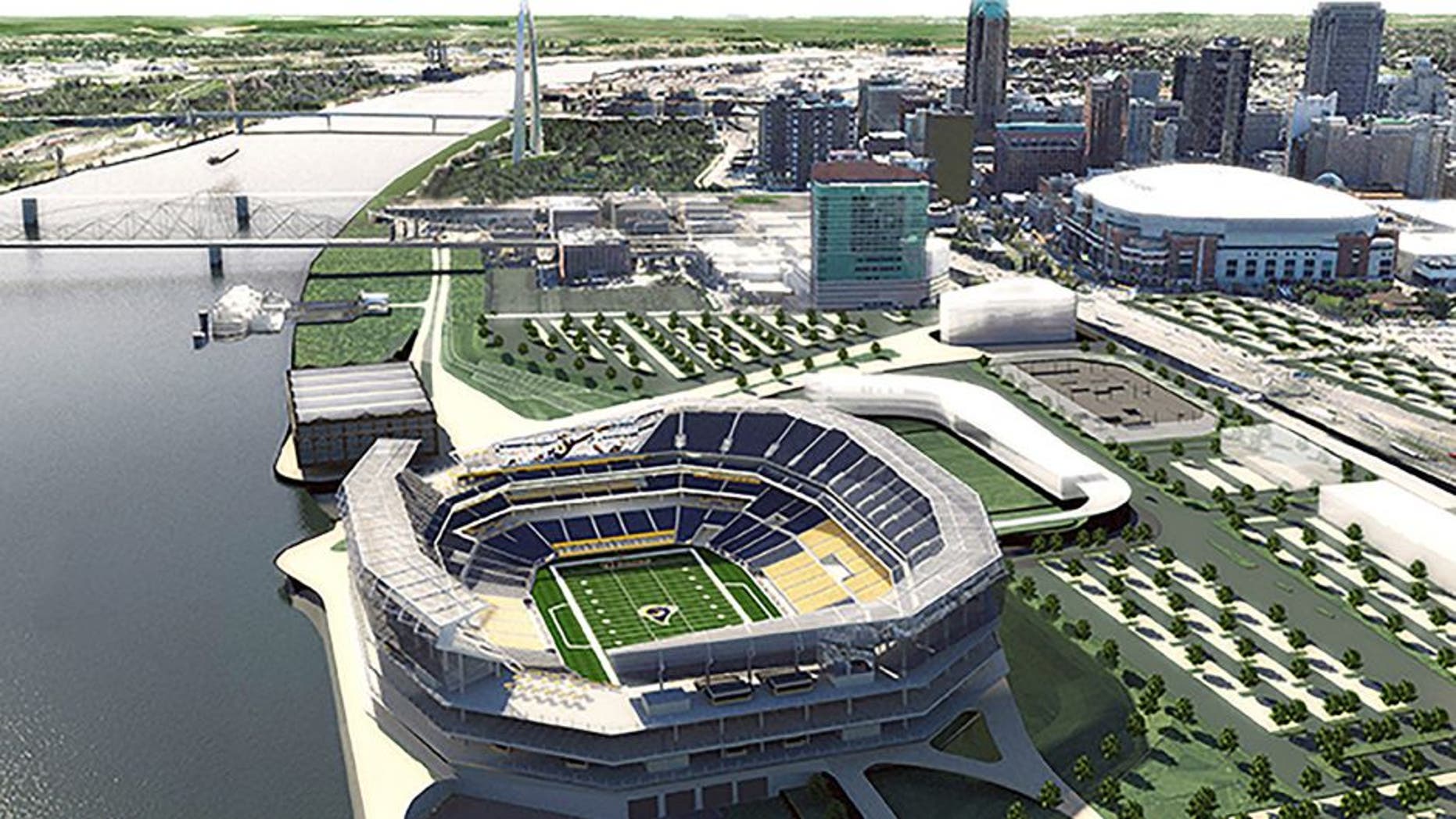 Missouri Governor Jay Nixonâs task force has released a new round of stadium and property renderings by HOK in St. Louis on March 2, 2015. The new renderings reflect input received over the past seven weeks from the NFL and St. Louis Rams, as well as stakeholders in the project including Ameren, the Terminal Railroad Association, the U.S. Army Corps of Engineers and others. The task force is developing plans for an open-air NFL stadium project on the North Riverfront of downtown St. Louis that could be the new home for the Rams, as well as related enhancements to the Edward Jones Dome and Americaâs Center convention facility. Rendering by HOK/UPI