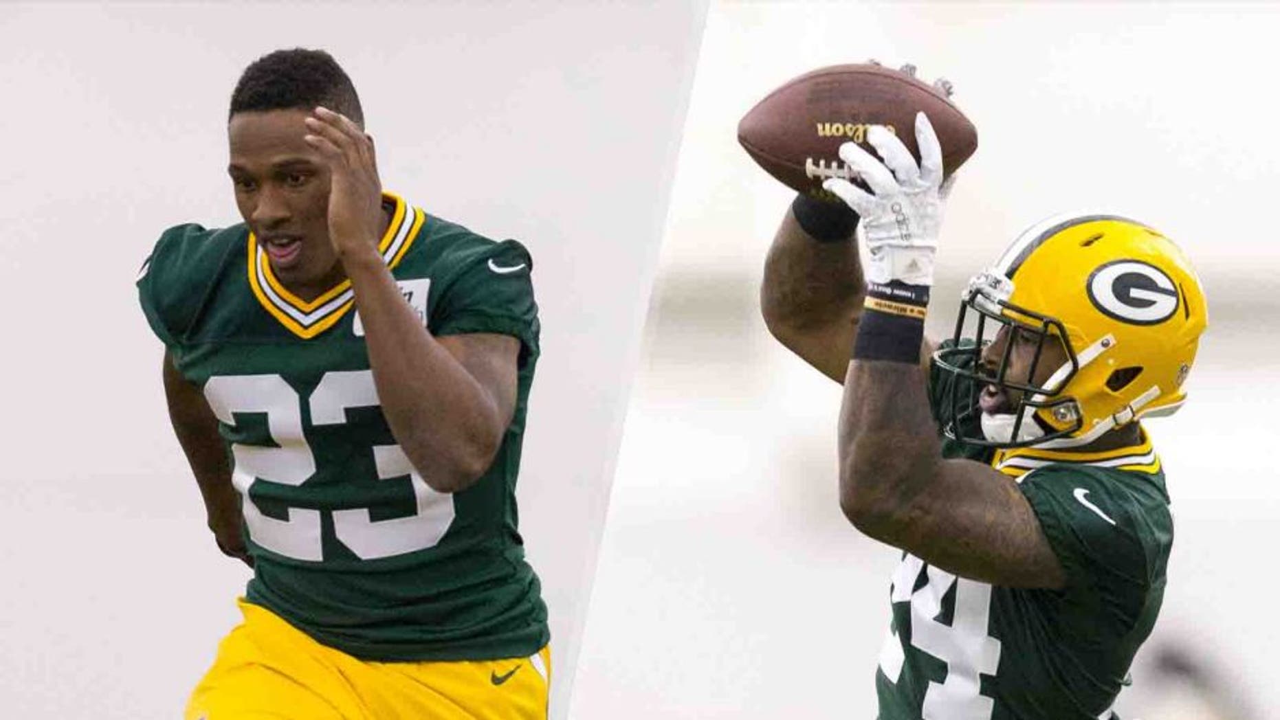 Green Bay Packers first-round draft pick Damarious Randall (left) and second-round pick Quinten Rollins run through drills during rookie minicamp Friday in Green Bay, Wis.