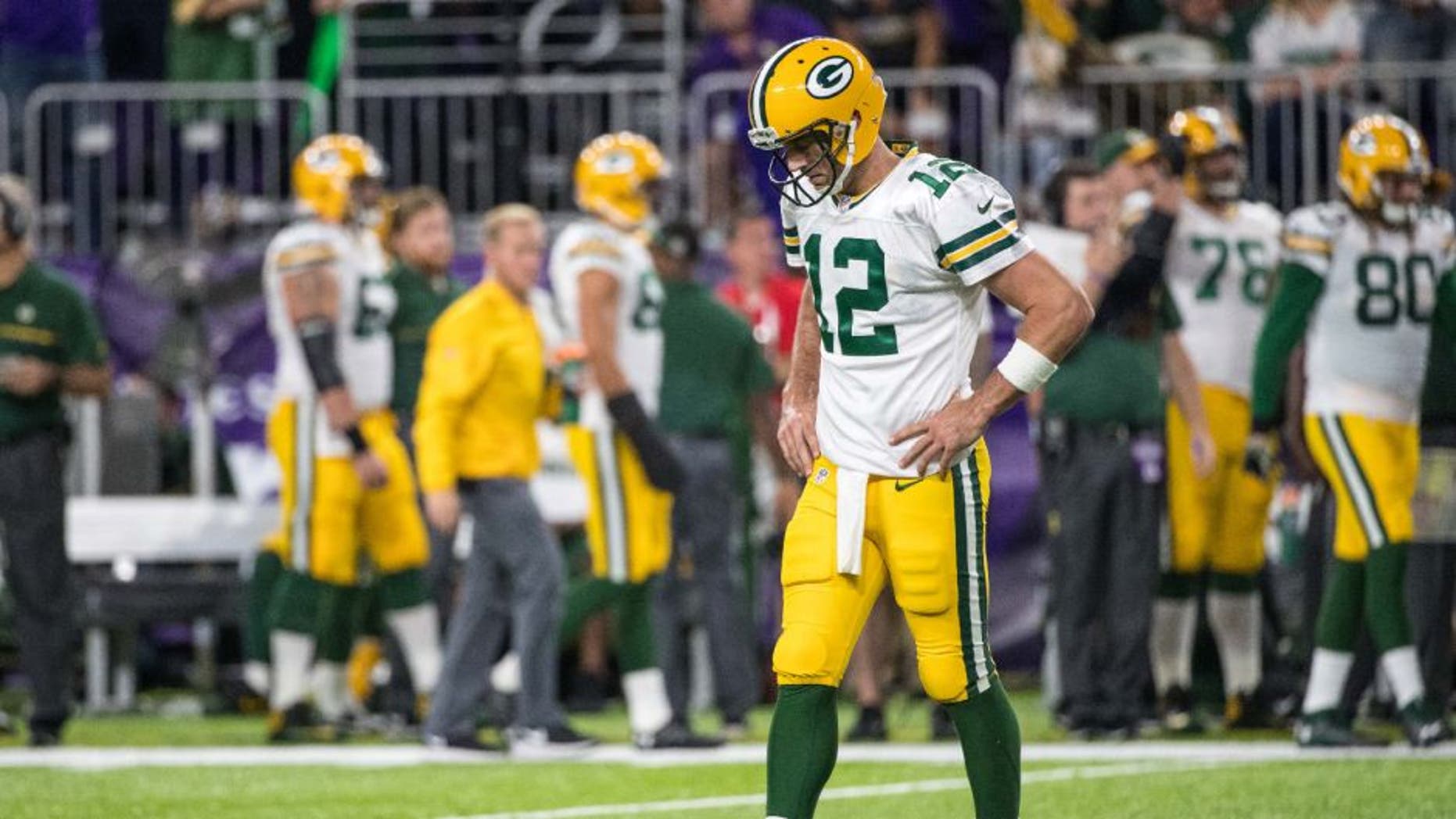 Green Bay Packers quarterback Aaron Rodgers reacts during the third quarter against the Minnesota Vikings at U.S. Bank Stadium. The Vikings defeated the Packers 17-14.