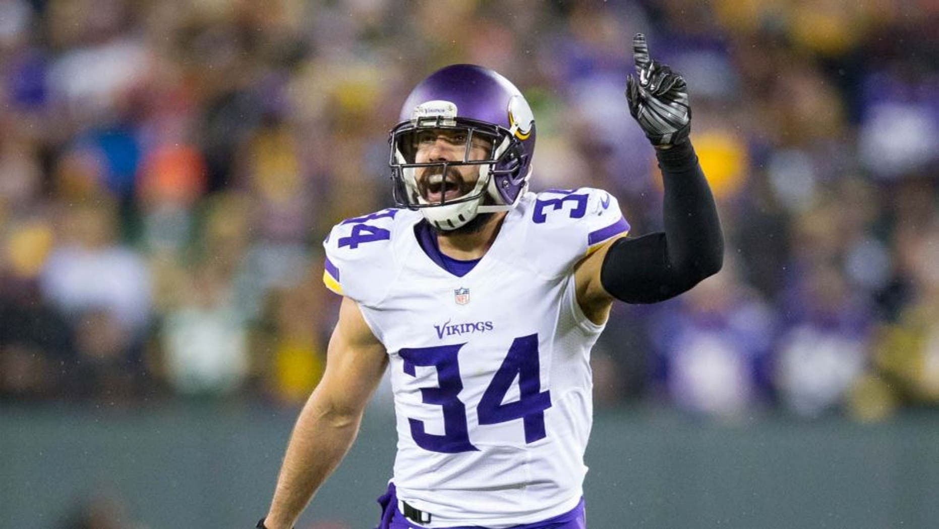 Minnesota Vikings safety Andrew Sendejo celebrates a play during the game against the Green Bay Packers at Lambeau Field in Green Bay, Wis., on Jan. 3, 2016.
