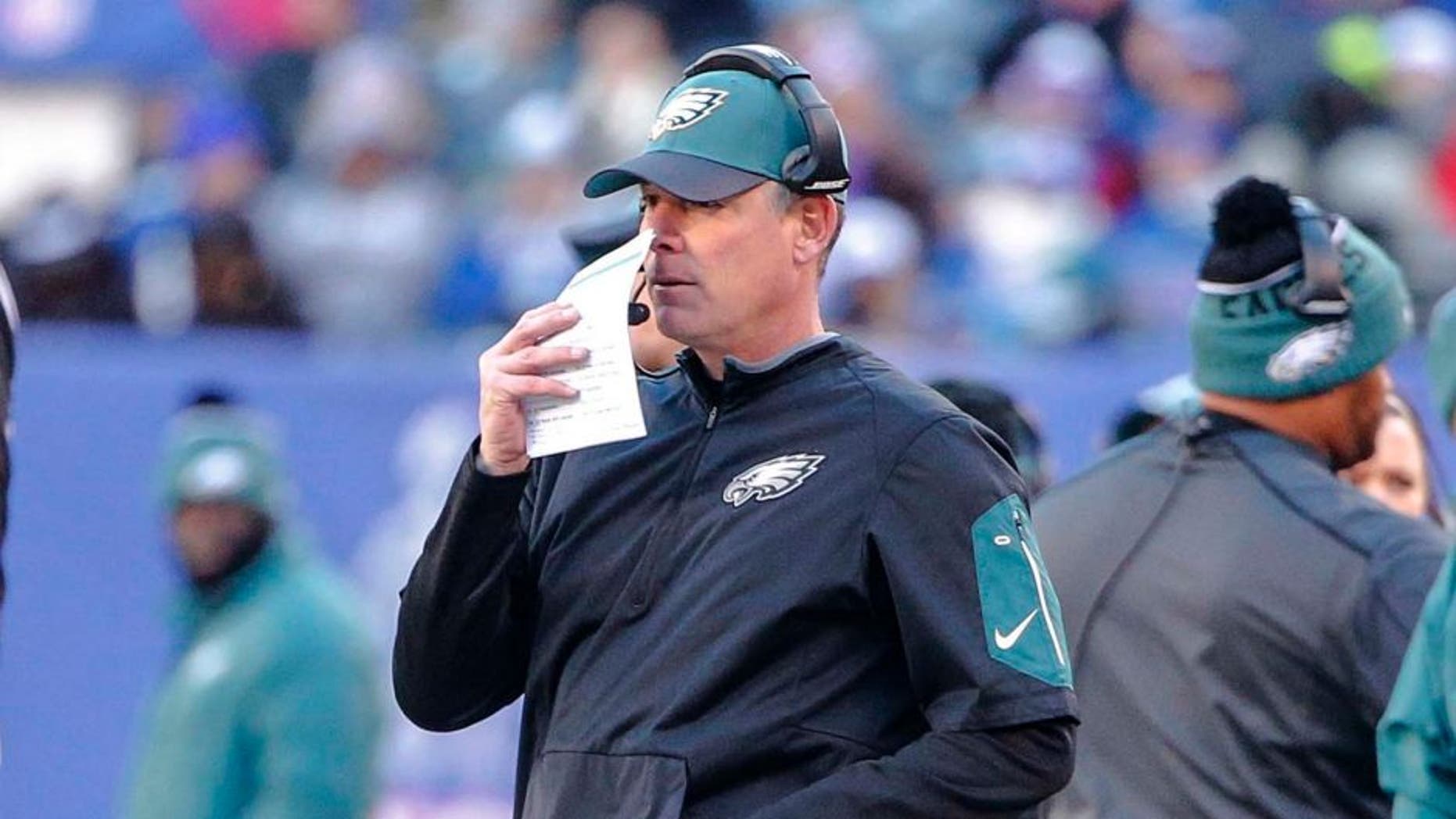 Philadelphia Eagles interim head coach Pat Shurmur looks on from the sidelines during a game against the New York Giants at MetLife Stadium in East Rutherford, N.J., on Jan. 3, 2016. The Eagles won 35-30.