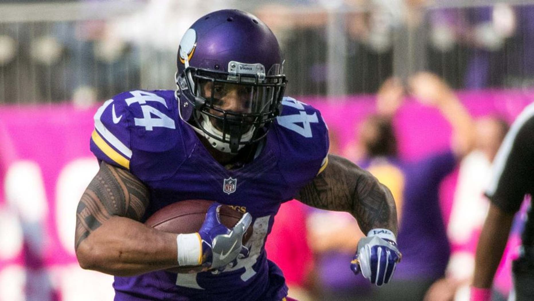 Oct 9, 2016; Minneapolis, MN, USA; Minnesota Vikings running back Matt Asiata (44) carries the ball during the fourth quarter against the Houston Texans at U.S. Bank Stadium. The Vikings defeated the Texans 31-13. Mandatory Credit: Brace Hemmelgarn-USA TODAY Sports