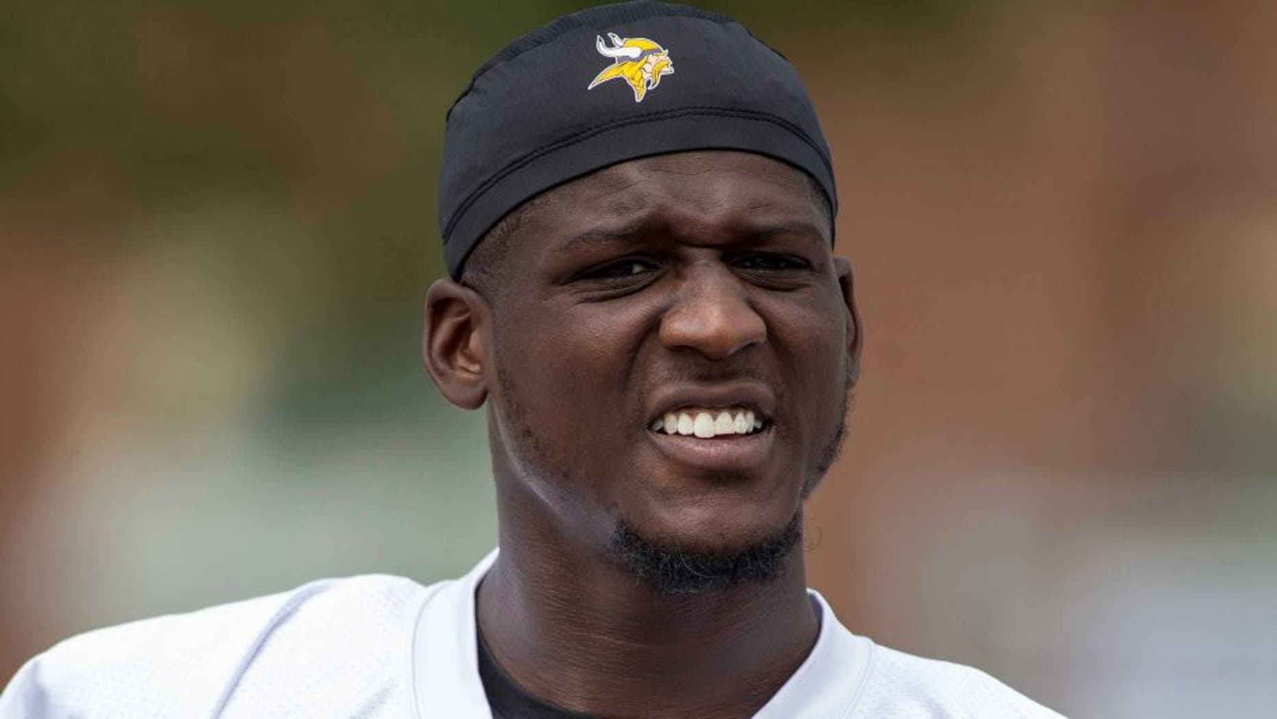 Jul 27, 2015; Mankato, MN, USA; Minnesota Vikings cornerback Xavier Rhodes (29) walks to drills at training camp at Minnesota State University. Mandatory Credit: Bruce Kluckhohn-USA TODAY Sports