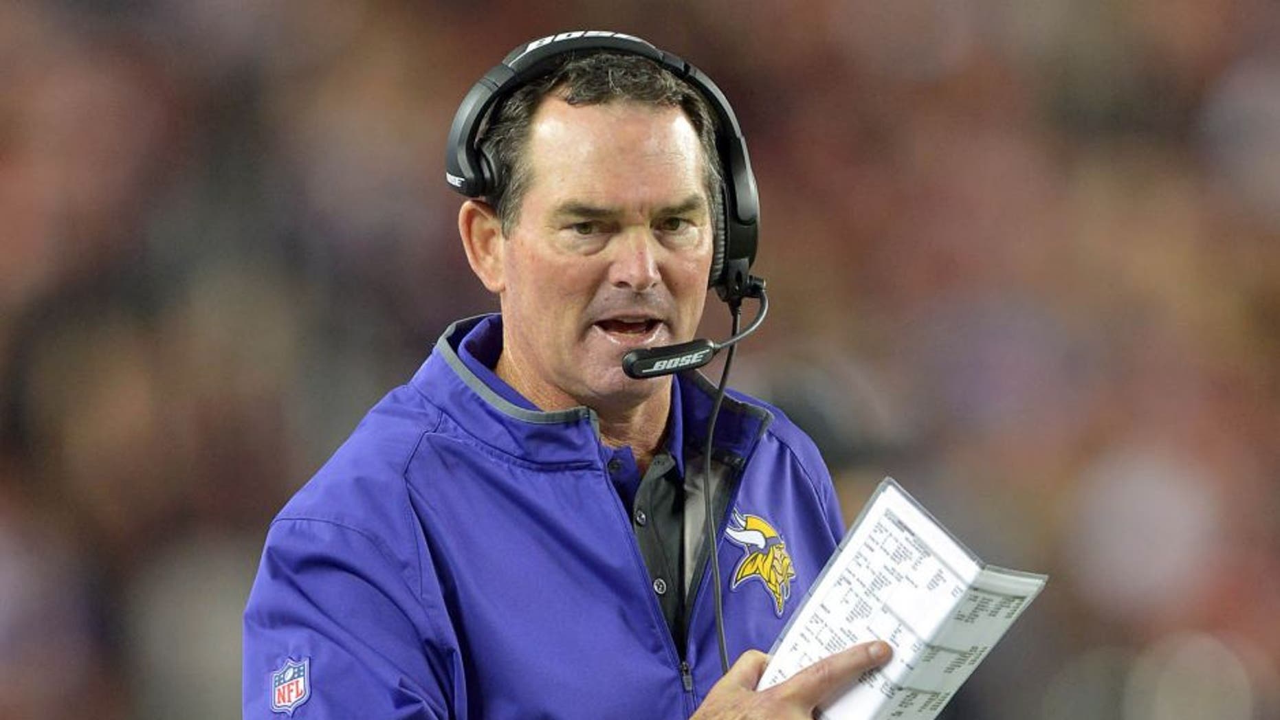 Minnesota Vikings coach Mike Zimmer reacts during the game against the San Francisco 49ers at Levi's Stadium in Santa Clara, Calif., on Monday, Sept. 14, 2015.