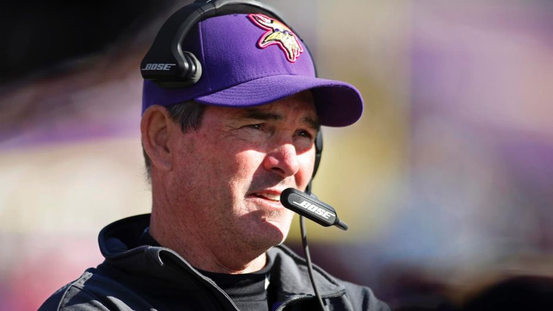 Oct 12, 2014; Minneapolis, MN, USA; Minnesota Vikings head coach Mike Zimmer watches as his team plays the Detroit Lions at TCF Bank Stadium. The Lions win 17-3. Mandatory Credit: Bruce Kluckhohn-USA TODAY Sports