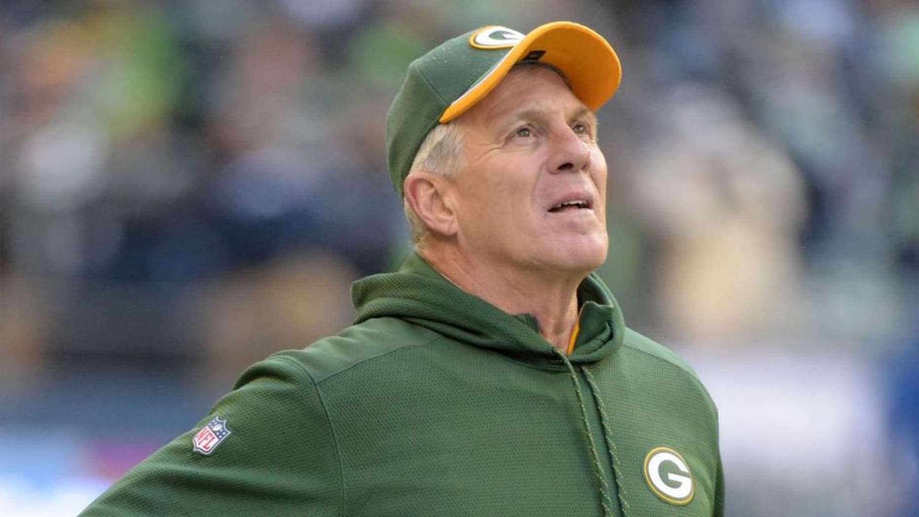 Jan 18, 2015; Seattle, WA, USA; Green Bay Packers assistant special teams coach Ron Zook reacts against the Seattle Seahawks in the NFC Championship at CenturyLink Field. The Seahawks defeated the Packers 28-22 in overtime.