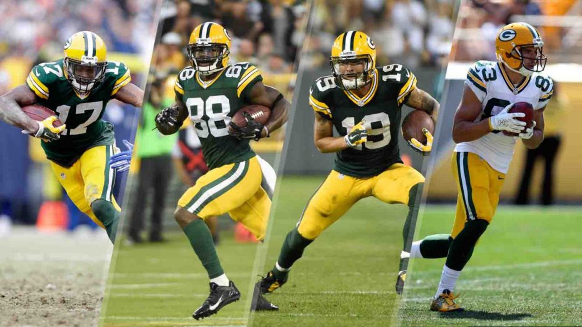 Four Green Bay Packers wide receivers who could see more action after preseason injuries to Jordy Nelson and Randall Cobb: from left to right, Davante Adams, Ty Montgomery, Myles White and Jeff Janis.