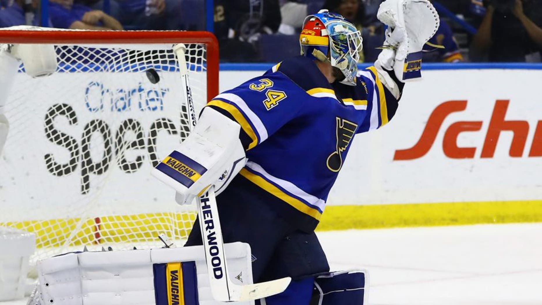 May 23, 2016; St. Louis, MO, USA; St. Louis Blues goalie Jake Allen (34) allows a goal scored by San Jose Sharks center Joe Pavelski (not pictured) in game five of the Western Conference Final of the 2016 Stanley Cup Playoffs at Scottrade Center. Mandatory Credit: Billy Hurst-USA TODAY Sports