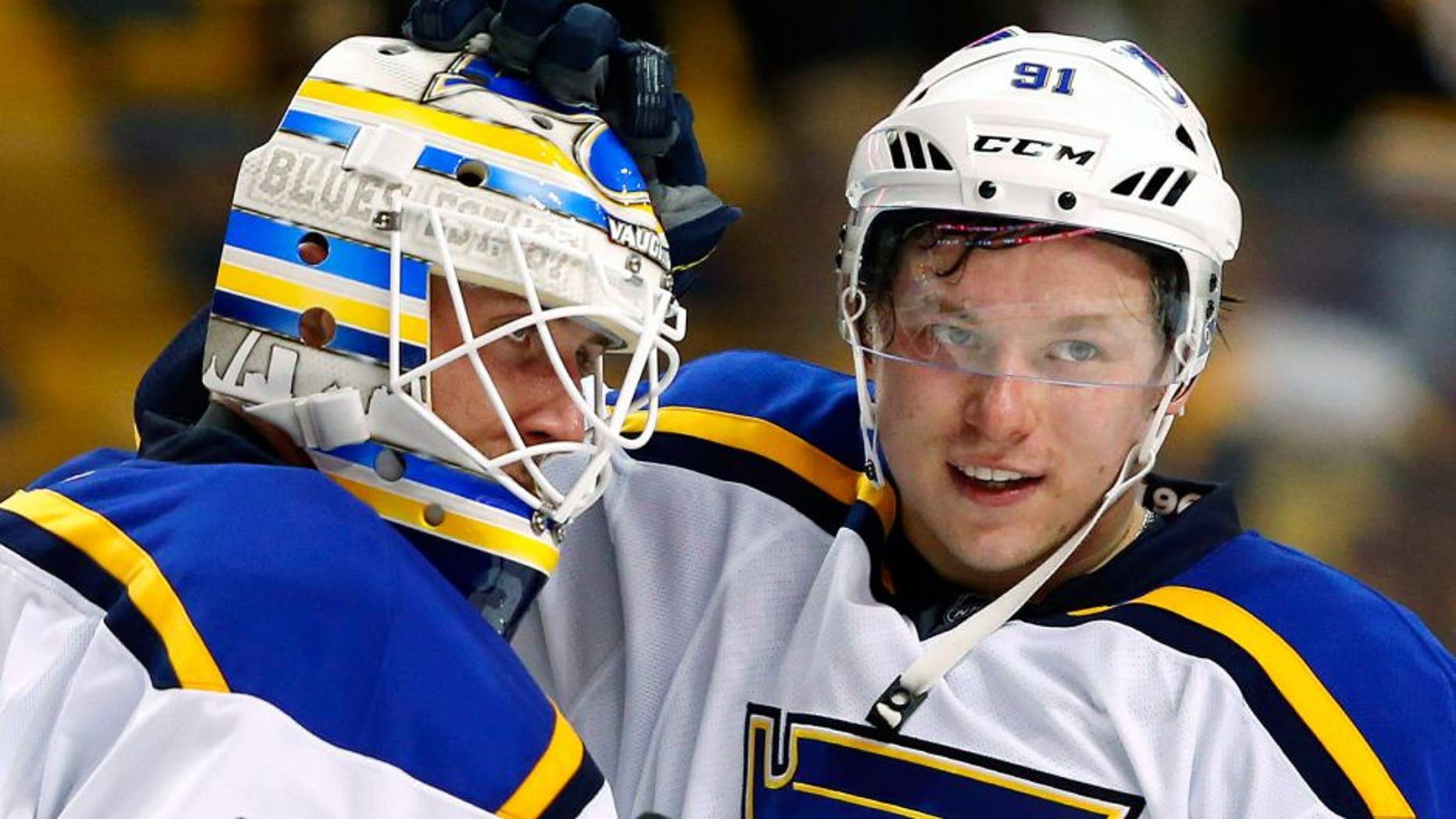 Dec 22, 2015; Boston, MA, USA; St. Louis Blues right wing Vladimir Tarasenko (91) congratulates goalie Jake Allen (34) after the St. Louis Blues shutout the Boston Bruins 2-0 at TD Garden. Mandatory Credit: Winslow Townson-USA TODAY Sports
