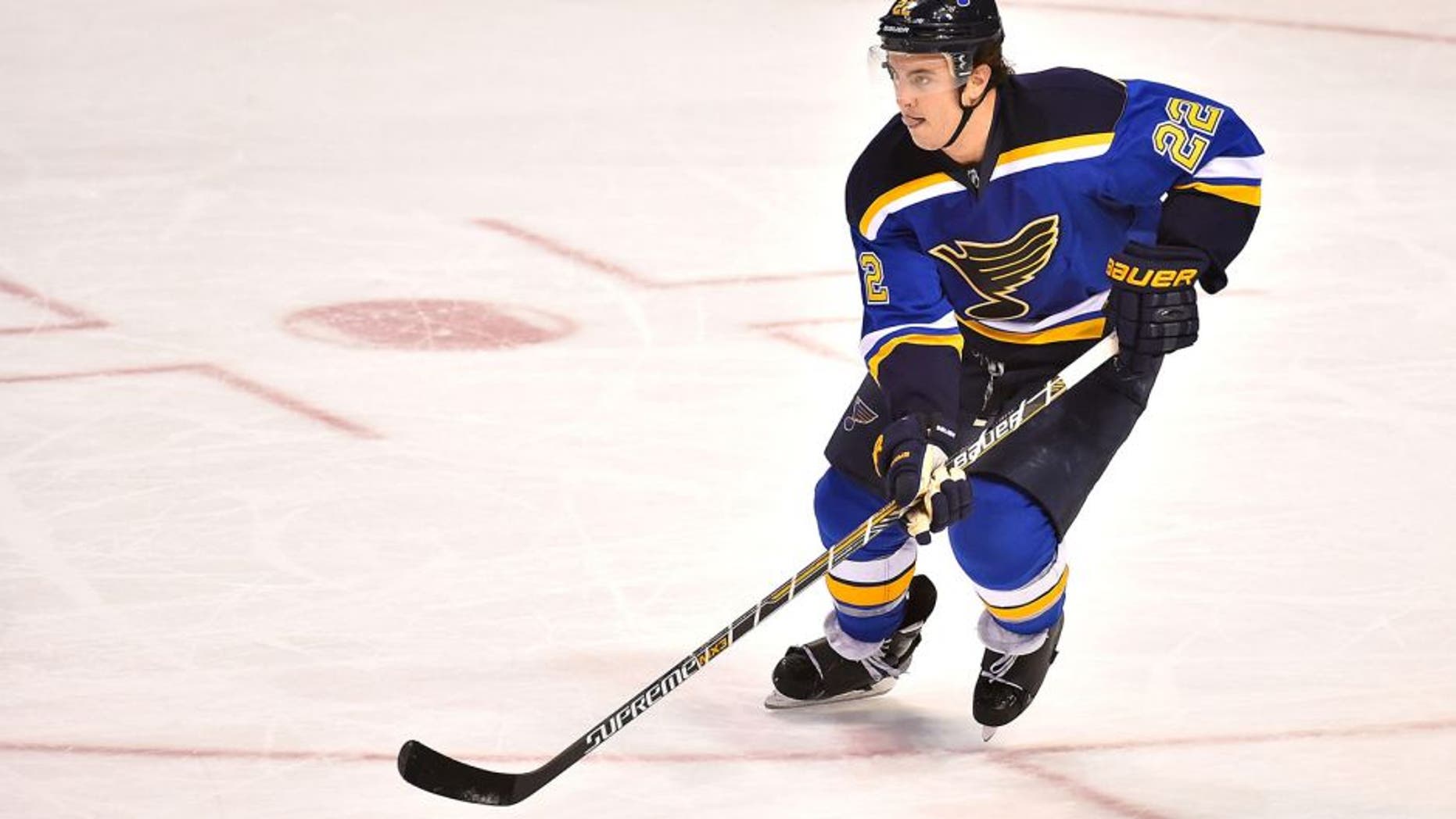 Dec 31, 2015; St. Louis, MO, USA; St. Louis Blues defenseman Kevin Shattenkirk (22) skates with the puck in the game against the Minnesota Wild during the third period at Scottrade Center. The Minnesota Wild defeat the St. Louis Blues 3-1. Mandatory Credit: Jasen Vinlove-USA TODAY Sports