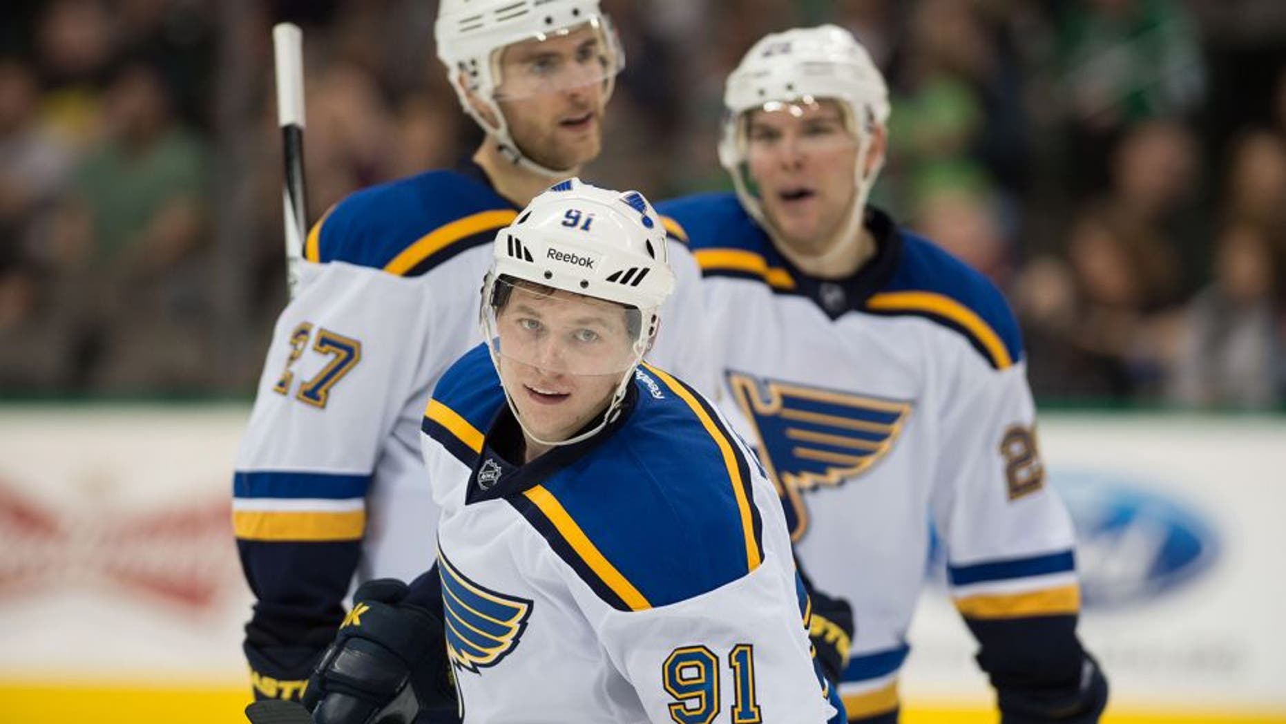Mar 15, 2015; Dallas, TX, USA; St. Louis Blues right wing Vladimir Tarasenko (91) and defenseman Alex Pietrangelo (27) and left wing Alexander Steen (20) celebrate the goal by Tarasenko against the Dallas Stars during the third period at the American Airlines Center. The Blues shut out the Stars 3-0. Mandatory Credit: Jerome Miron-USA TODAY Sports