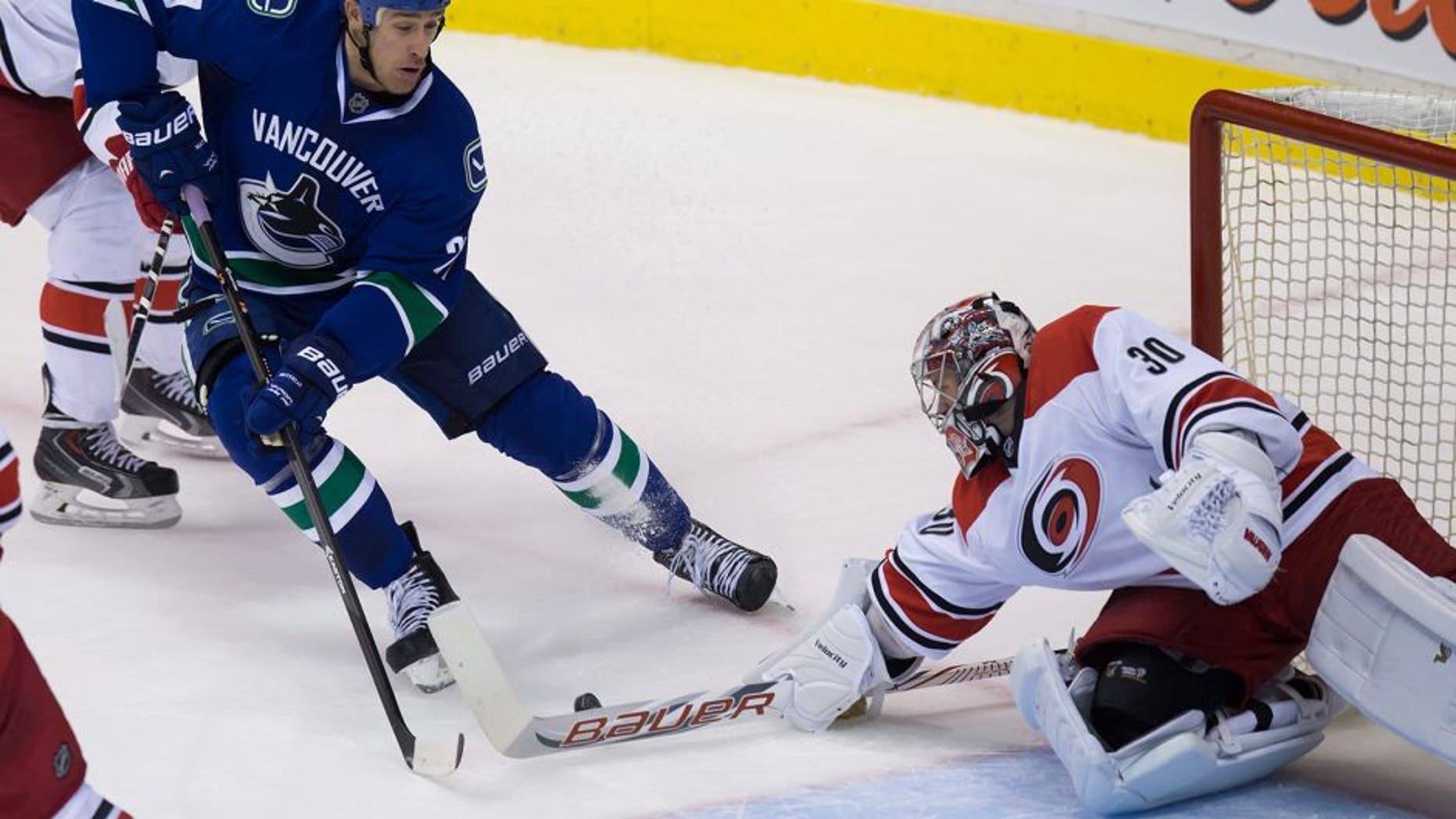 Vancouver Canucks' Shawn Matthias, left, is stopped by Carolina Hurricanes goalie Cam Ward during the second period of an NHL hockey game, Tuesday, Oct. 28, 2014 in Vancouver, British Columbia. (AP Photo/The Canadian Press, Darryl Dyck)